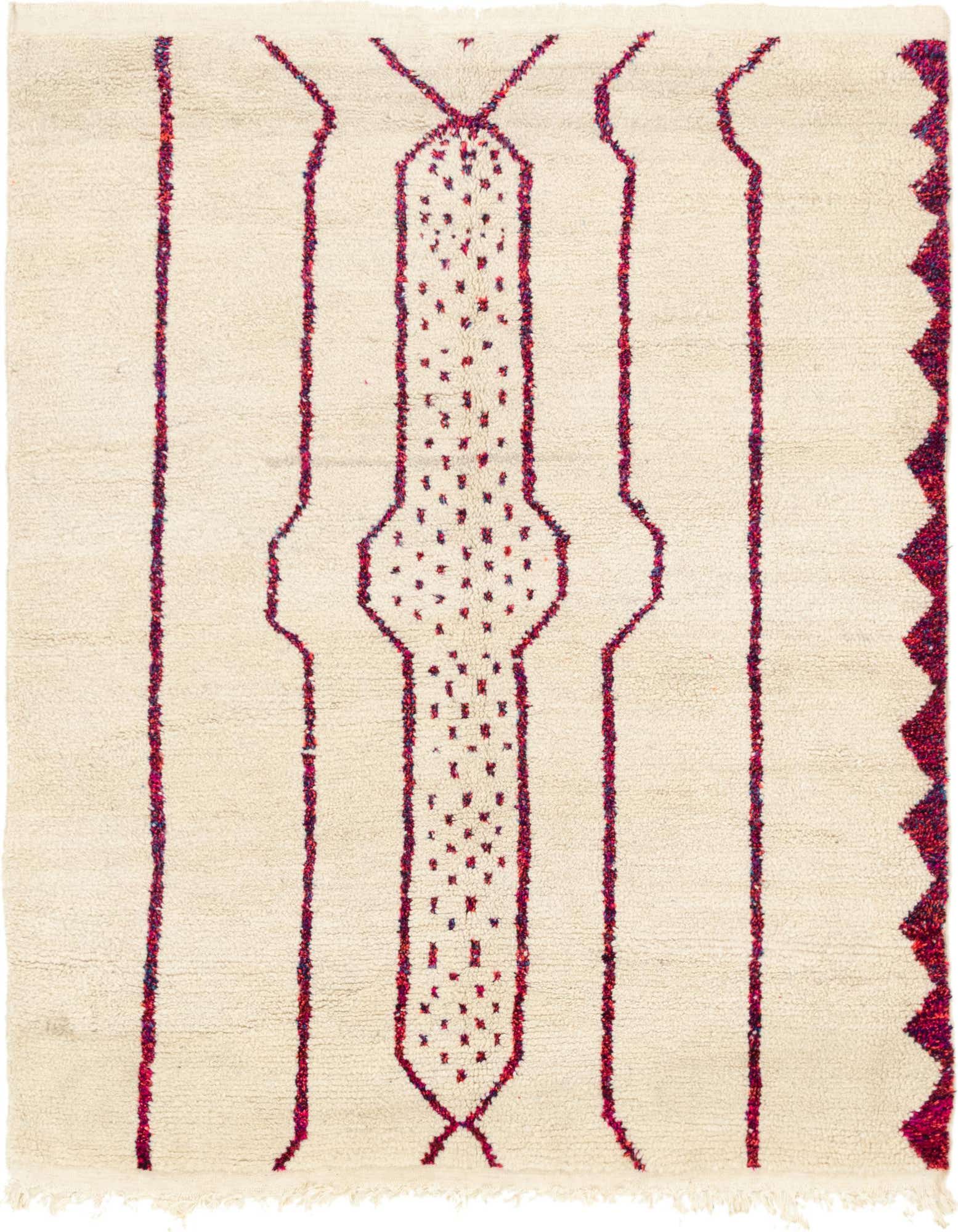 A 5' 7 x 6' 8 square ivory shag rug with a bold red tribal medallion pattern and border.