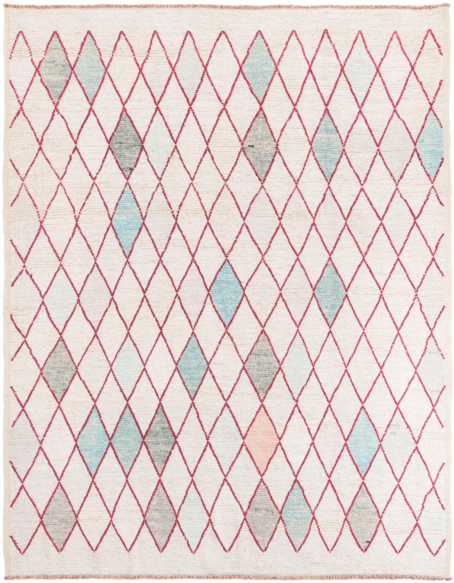 A square ivory shag rug with a red diamond lattice pattern and scattered blue, grey, and peach colored diamonds.