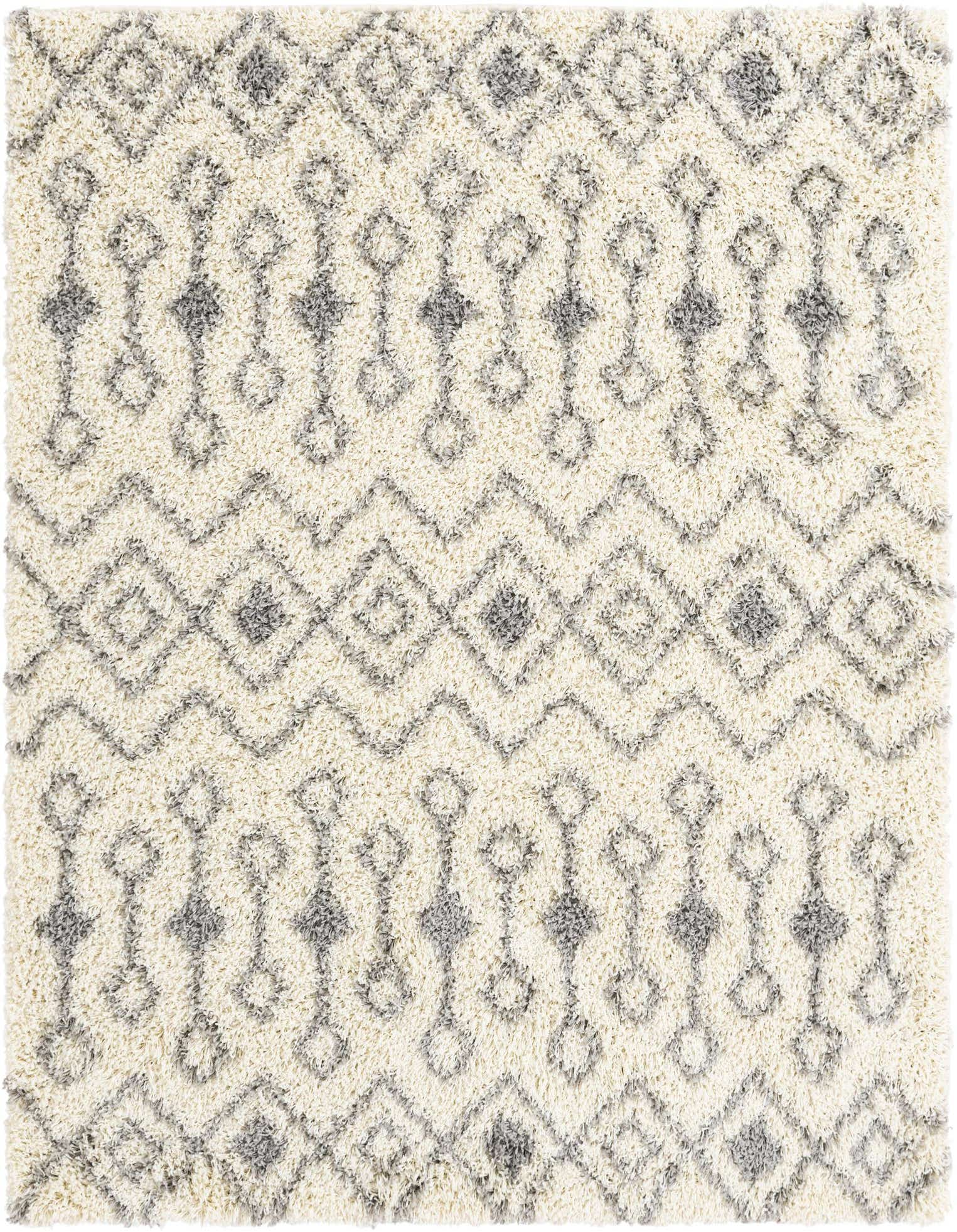 A 6' 0 x 6' 0 square ivory shag rug with a modern tribal pattern in gray, featuring diamonds and linked shapes.