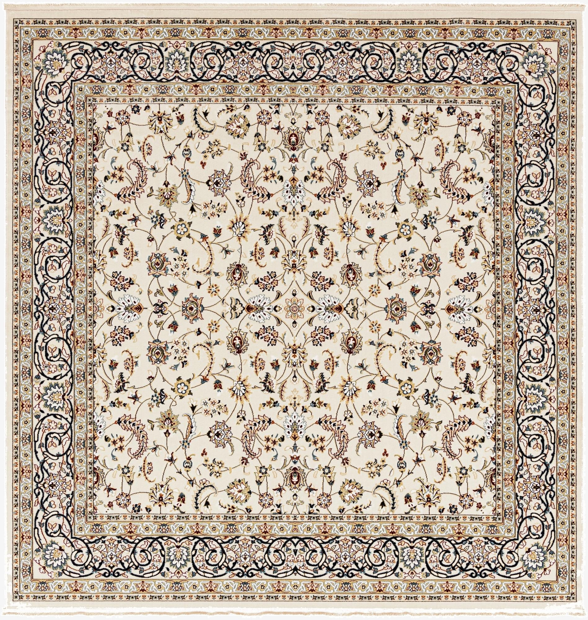 A square ivory and cream traditional Oriental rug with a detailed floral and vine pattern, featuring a high-low textured pile.