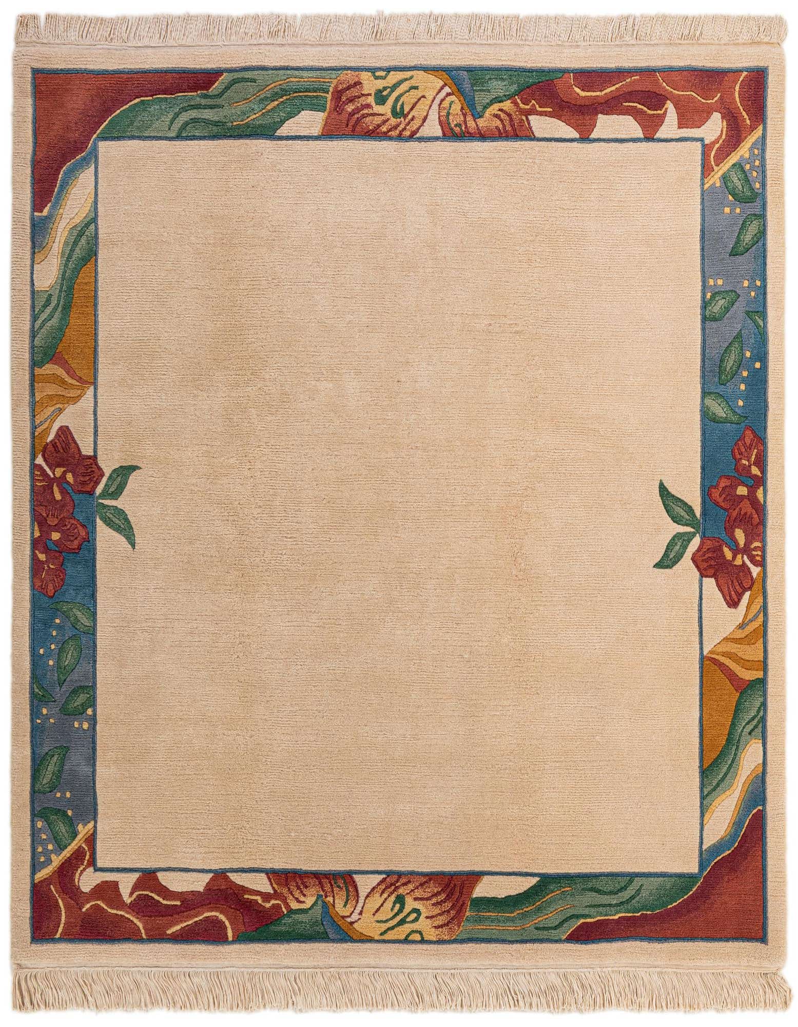 A square ivory wool rug with a vibrant floral and leaf border in shades of red, blue, green, and gold.