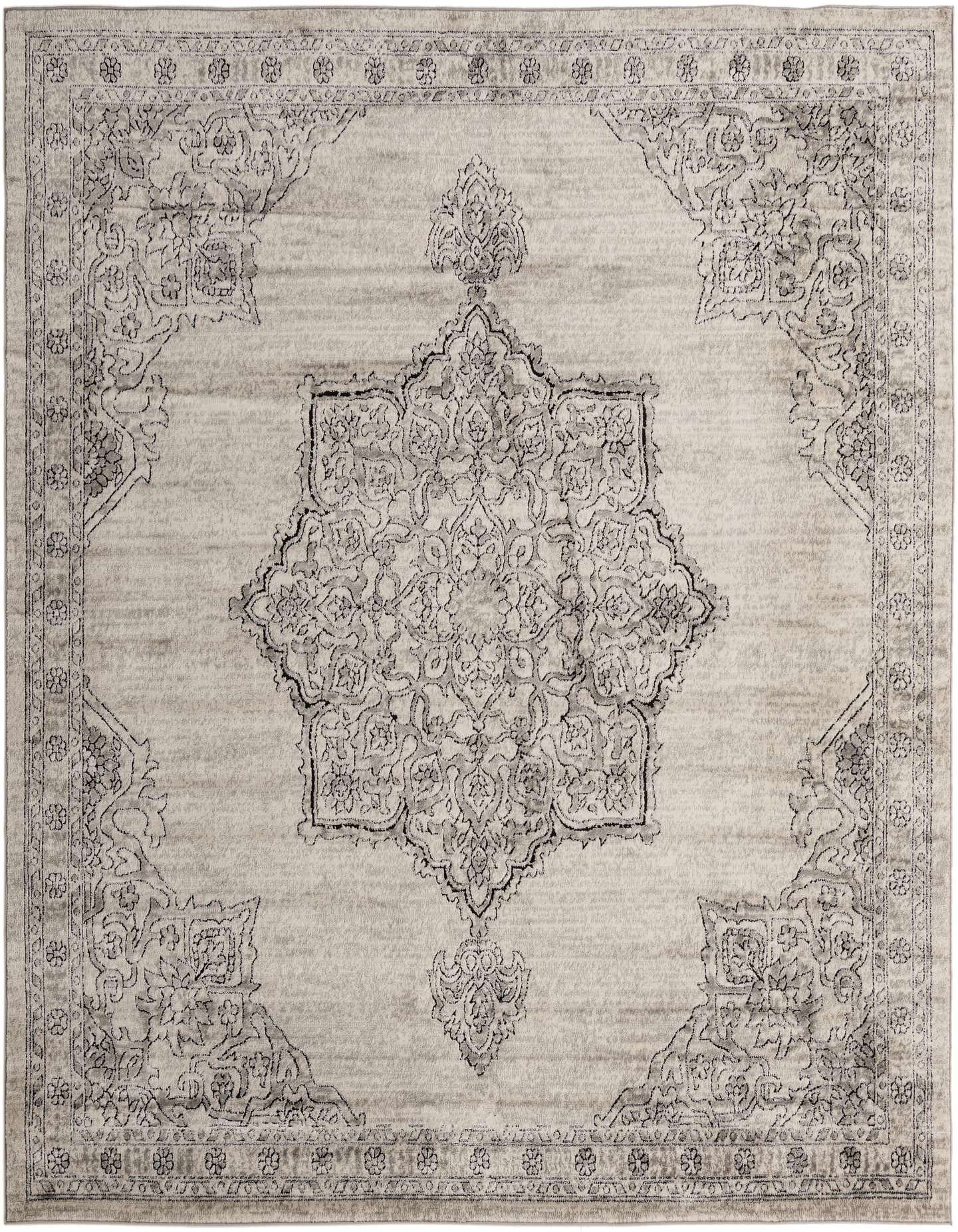 A 10'x10' square ivory and cream traditional medallion rug with a textured, high pile.
