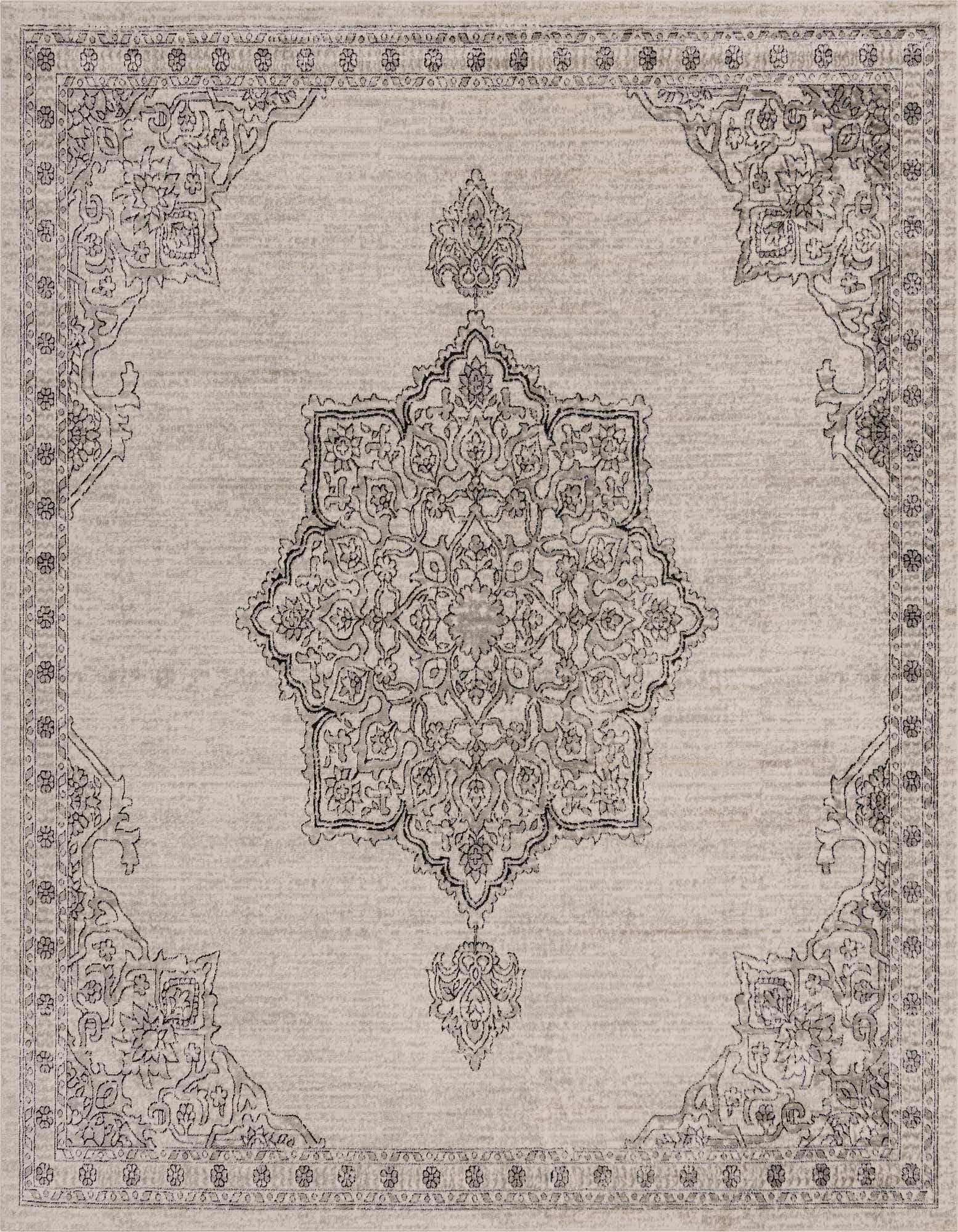 A large 11' 10" x 11' 10" square ivory and cream traditional rug with a distressed vintage medallion pattern.