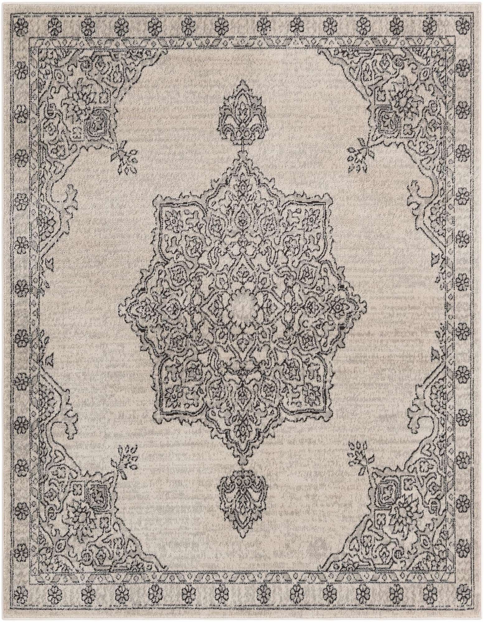 A 6' 0 x 6' 0 square ivory and cream rug with a detailed gray medallion and border pattern.