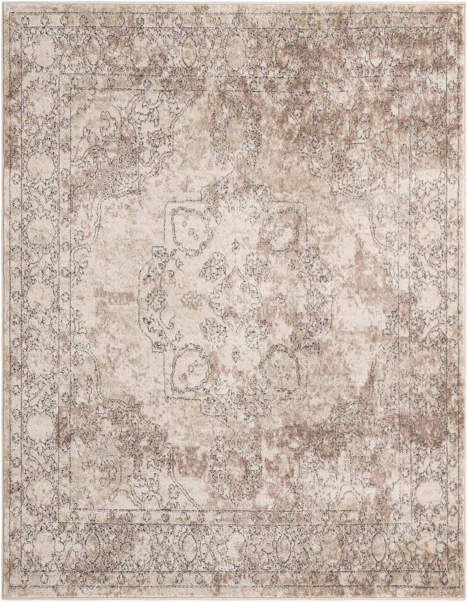A 6' 0 x 6' 0 square ivory and cream shabby-chic rug with a distressed traditional medallion pattern.