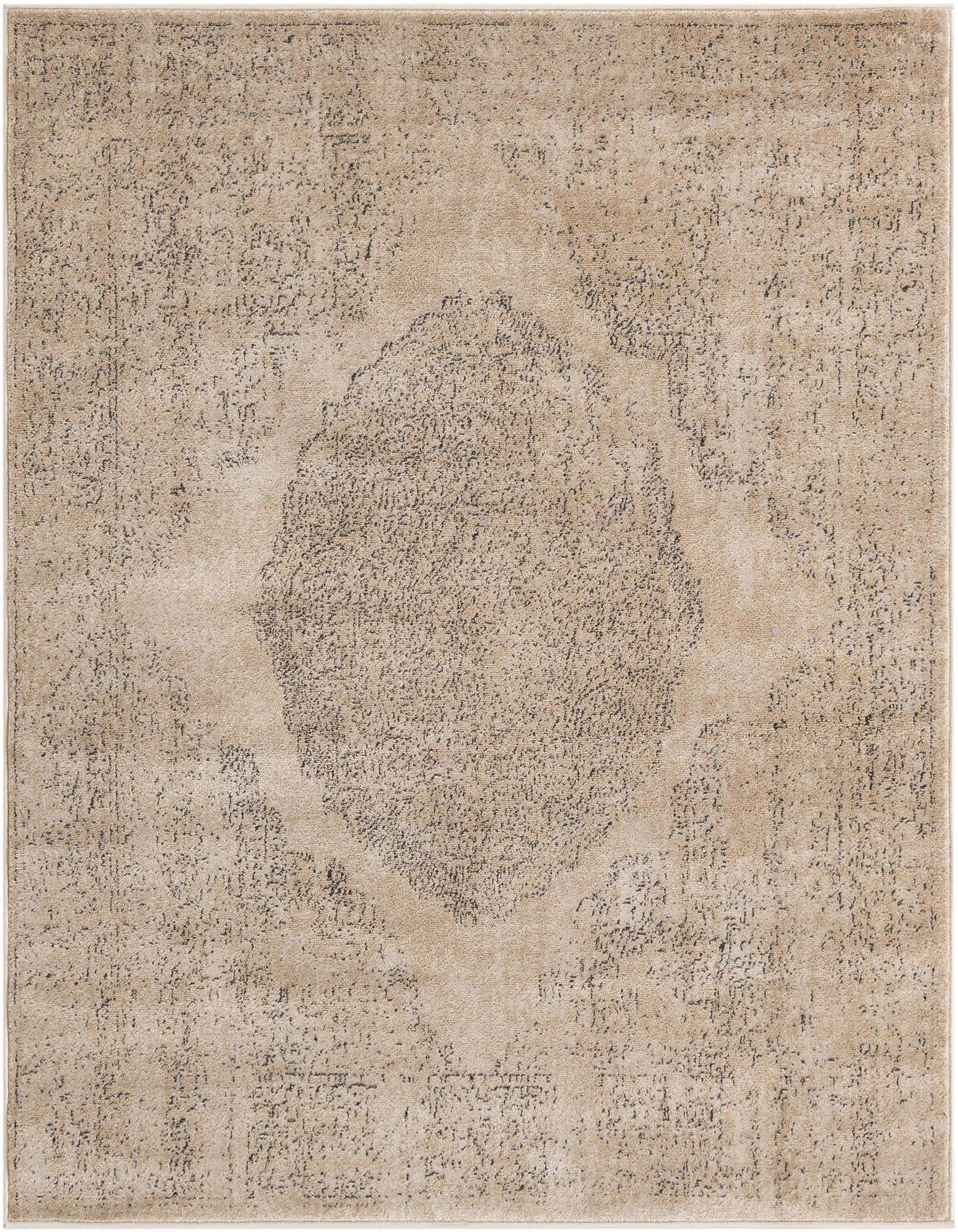 A 6x6 square ivory shabby-chic rug with a distressed traditional medallion pattern in cream and light gray tones.