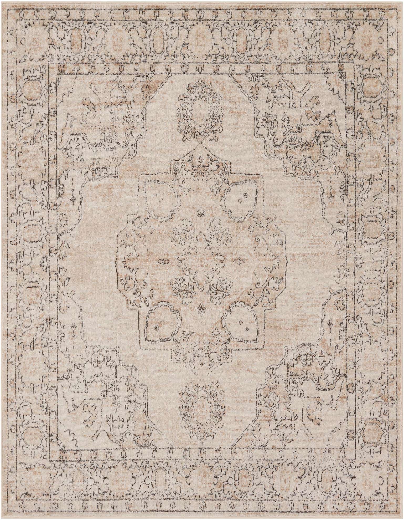 A square ivory and cream transitional rug with a distressed medallion pattern and subtle vintage details.