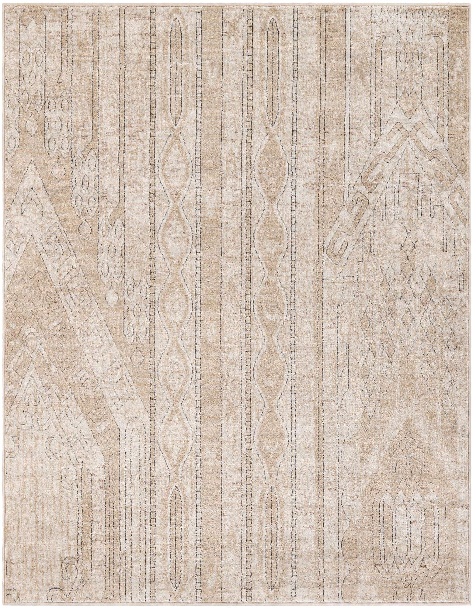 A 6' 0 x 6' 0 square ivory and cream rug with a distressed Southwestern and Oriental stripe pattern.