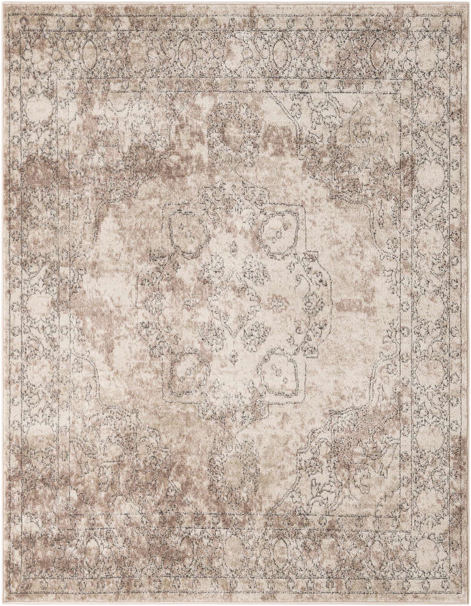 A square 5' 3 x 5' 3 ivory and cream transitional rug with a distressed medallion pattern, featuring subtle brown accents.