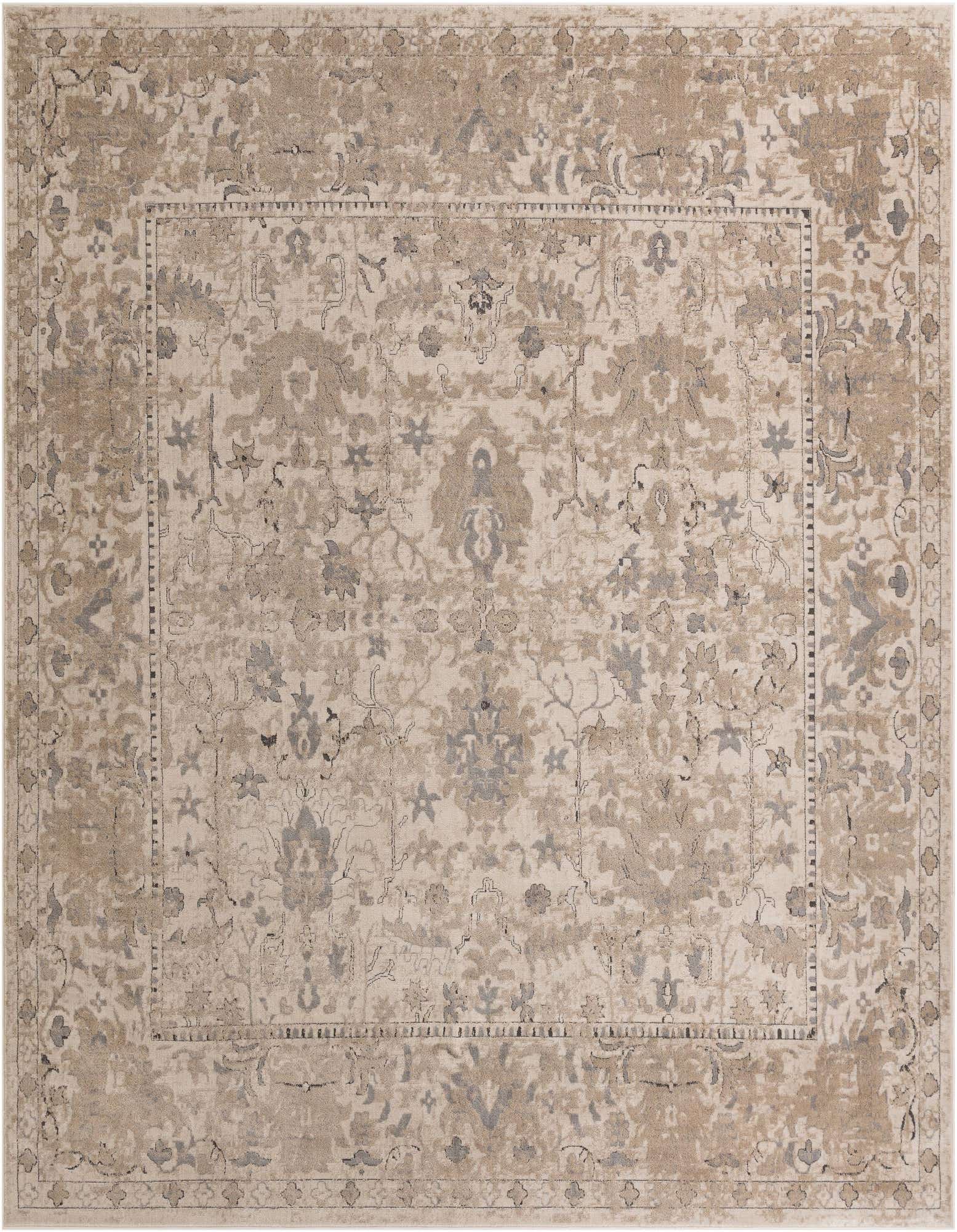 A 13' square ivory and cream area rug with a distressed traditional pattern and subtle gray accents.