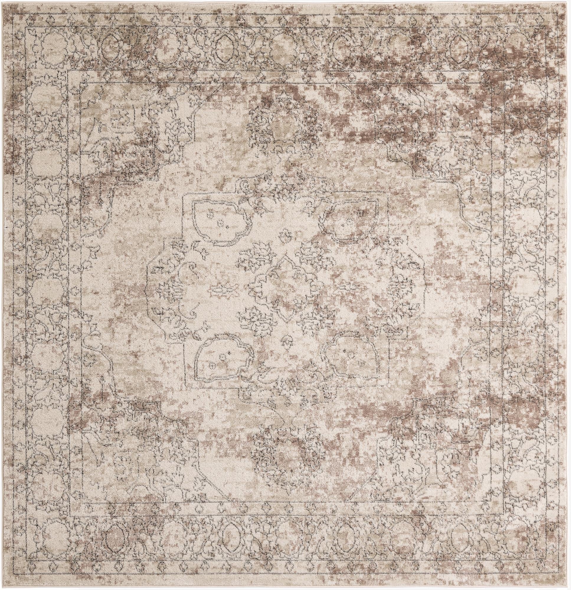 A square 7' 10 x 7' 10 Rugs.com Oregon rug featuring an ivory and cream distressed medallion pattern with subtle brown accents.