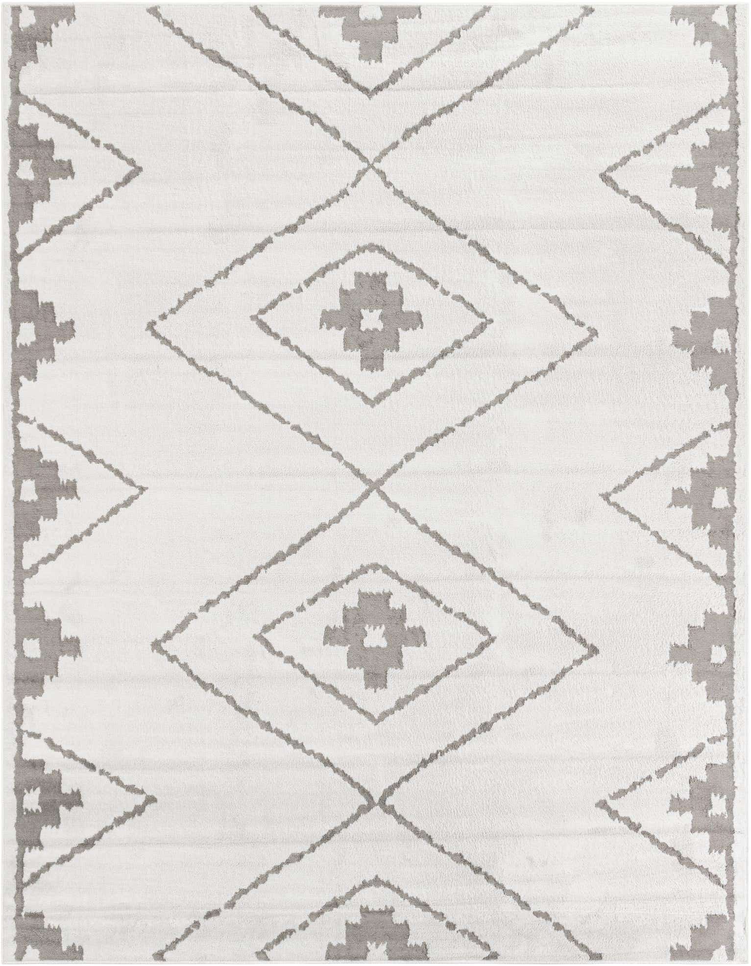 A 10'x10' square ivory modern area rug with a repeating geometric diamond pattern in light gray, suitable for indoor spaces.