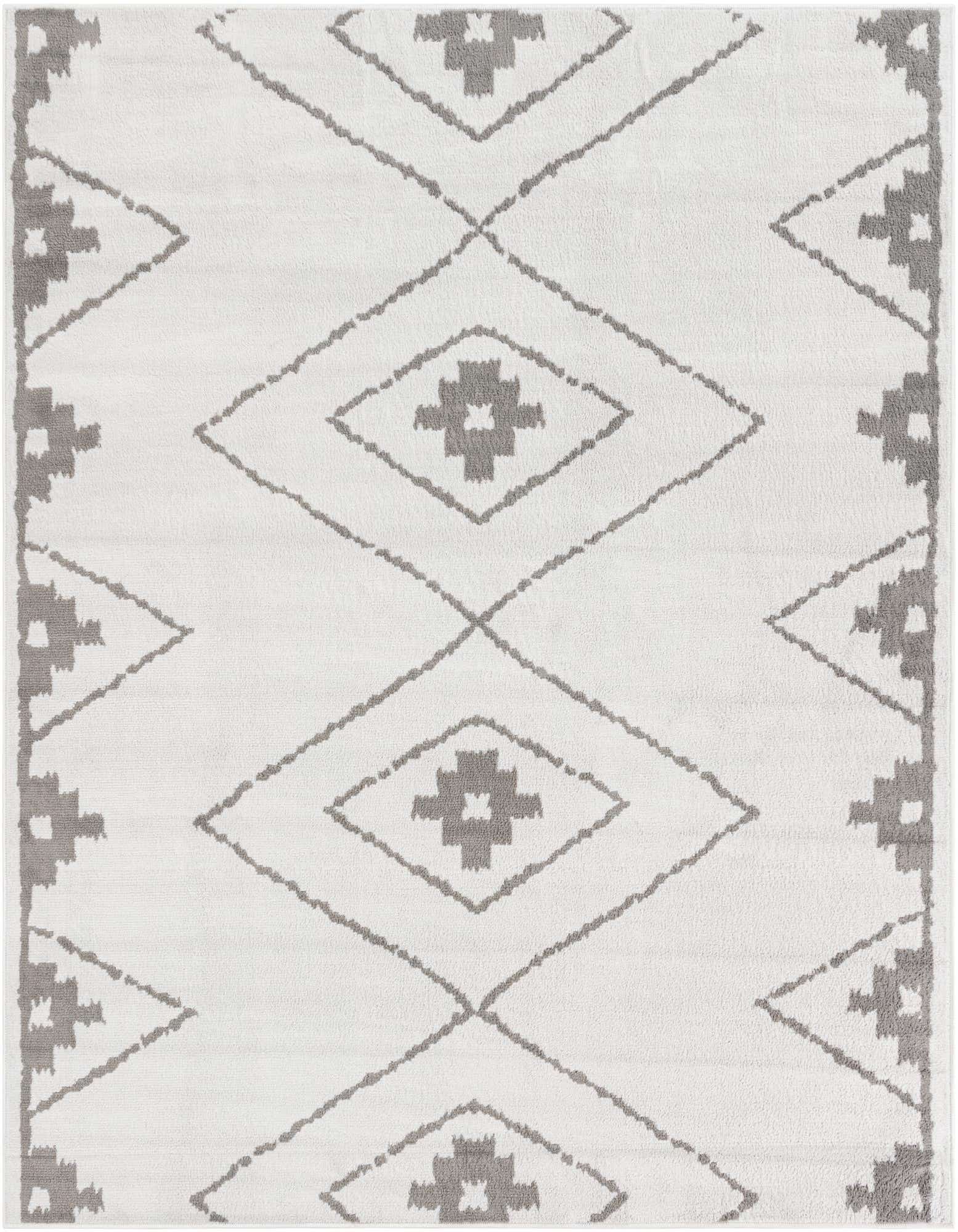 A square ivory and cream rug with a modern geometric pattern of interlocking gray diamonds and crosses.