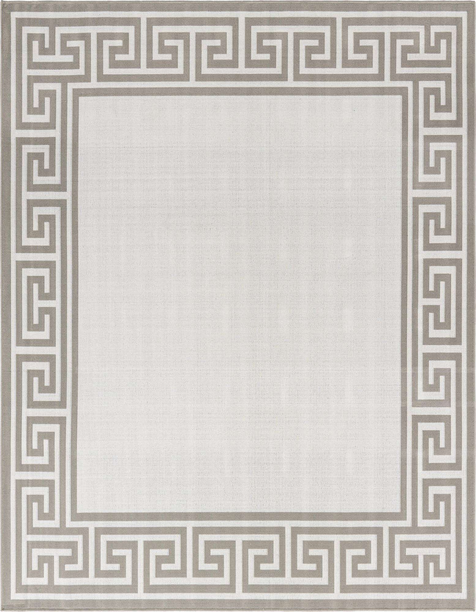 A 7' 10 x 7' 10 square ivory flatweave rug with a bold taupe Greek key border, suitable for indoor or outdoor use.