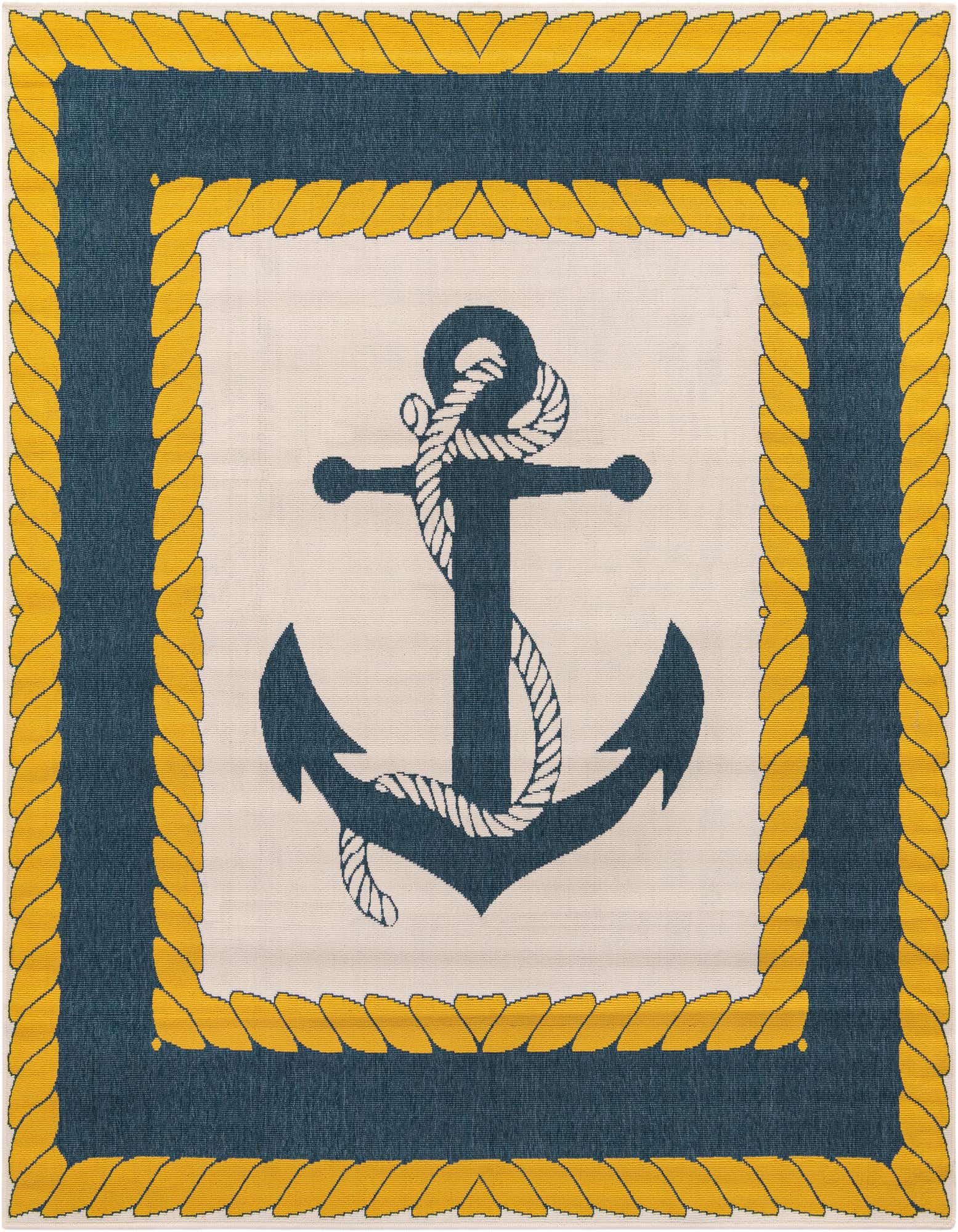 A 7' 10 x 7' 10 square ivory and blue rug with a large central anchor design and a yellow rope border, perfect for a patio.