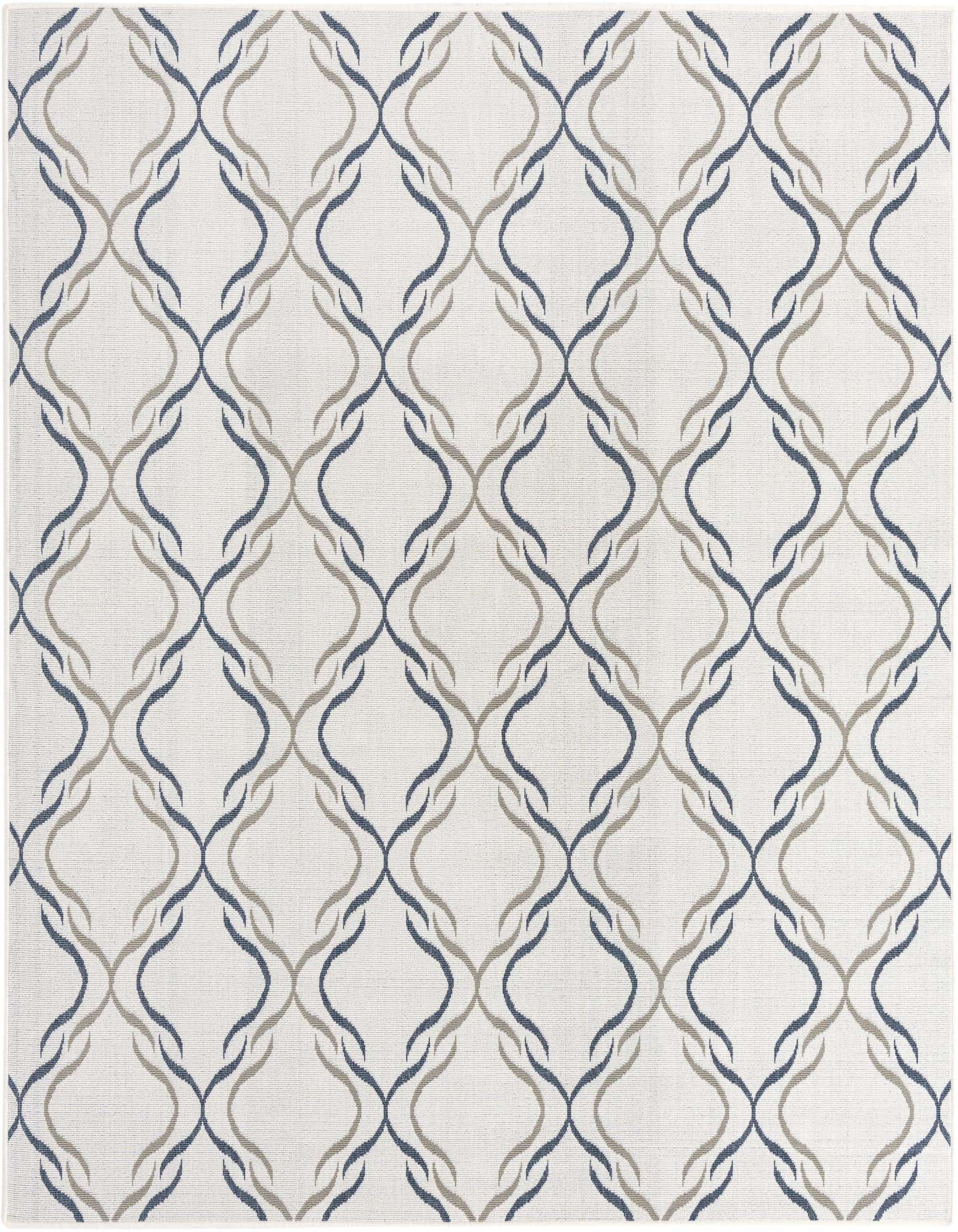 A 7' 10 x 7' 10 square ivory flatweave rug with a modern transitional lattice pattern in blue and beige.