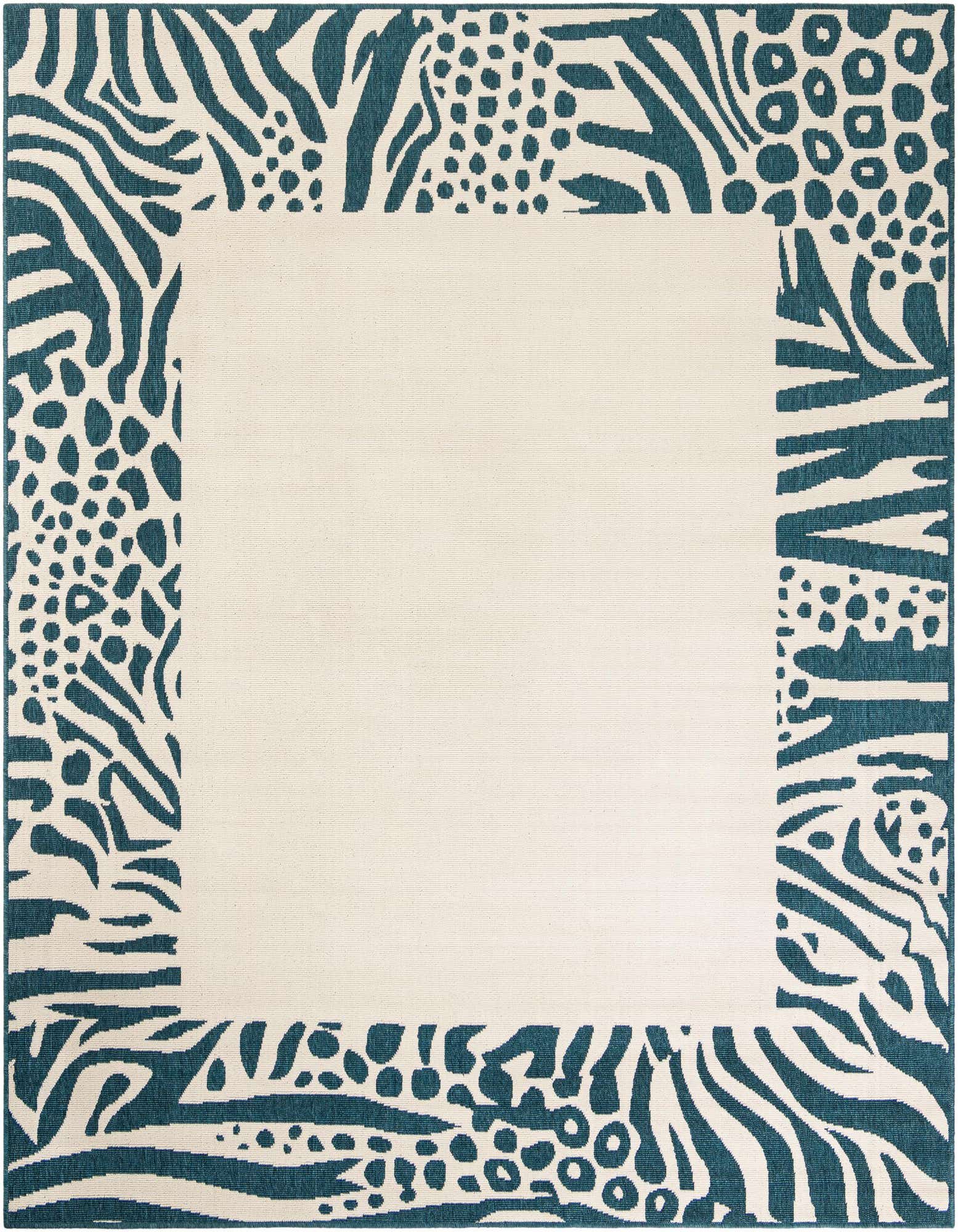 A square ivory indoor/outdoor rug with a modern teal animal print border featuring zebra stripes and leopard spots.