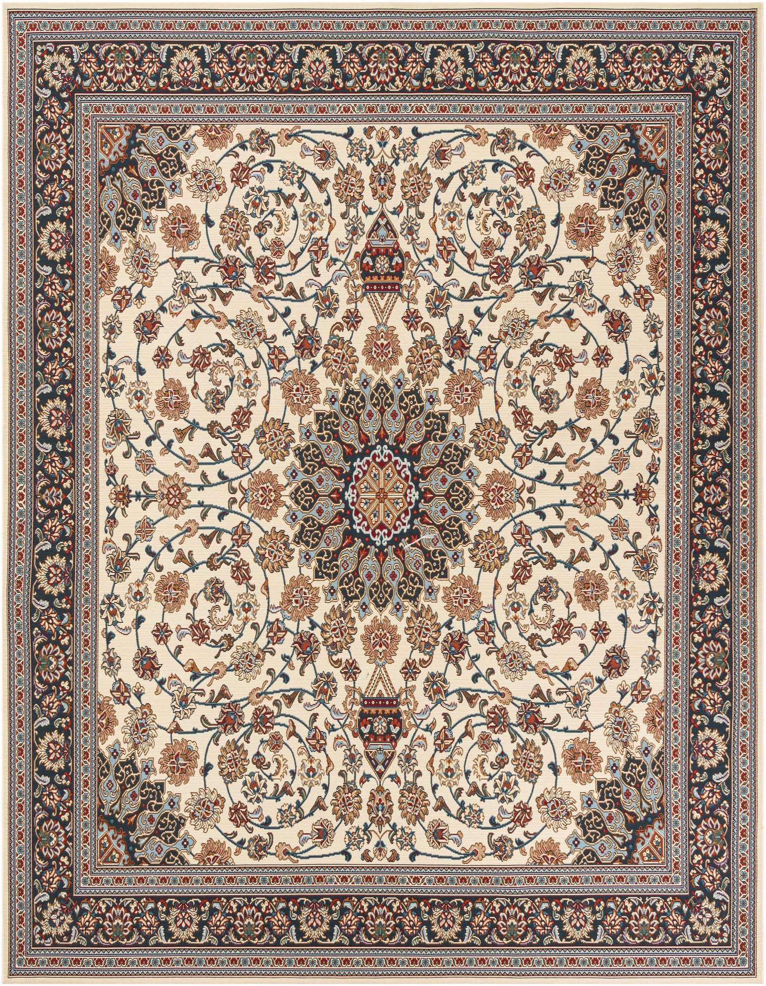 A 10'x10' square ivory Oriental rug with a central medallion and intricate floral patterns, ideal for a patio.