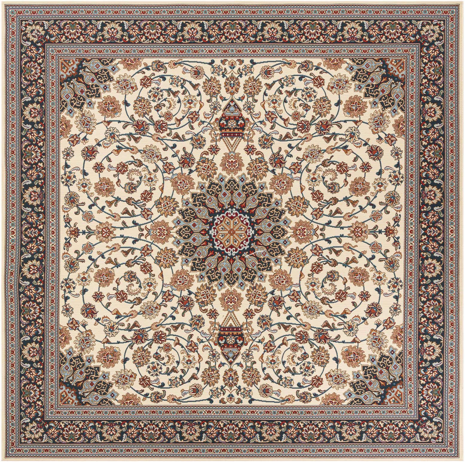 A 10'x10' square ivory Oriental rug with a central medallion and intricate floral patterns, ideal for a patio.