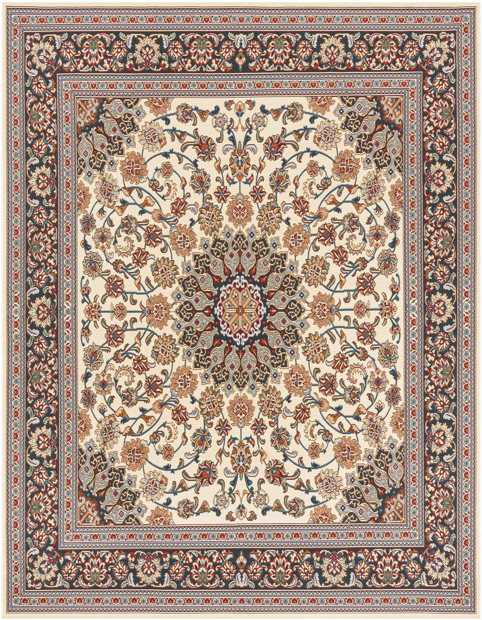 A square 7' 10 x 7' 10 ivory Oriental rug with a central medallion and intricate floral patterns, ideal for a patio.