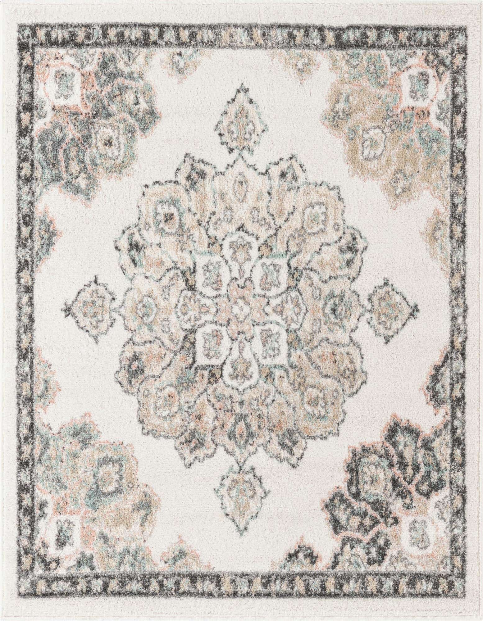 A 4'x4' square ivory rug with a central medallion and corner motifs in muted grays, peaches, and greens, featuring a traditional vintage pattern.