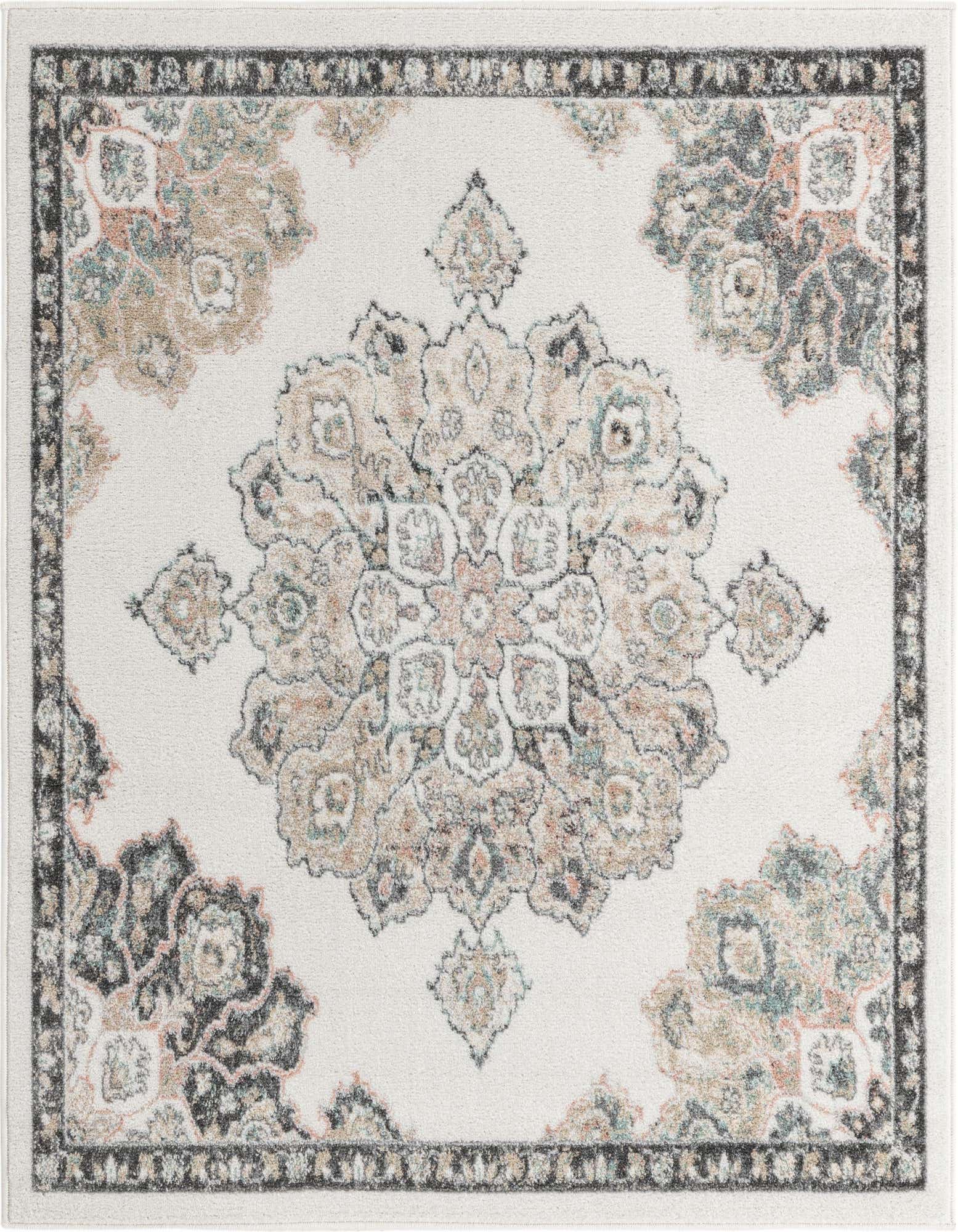 A 5x5 square ivory rug with a central medallion and corner floral motifs in muted beige, grey, and teal, framed by a dark grey border.