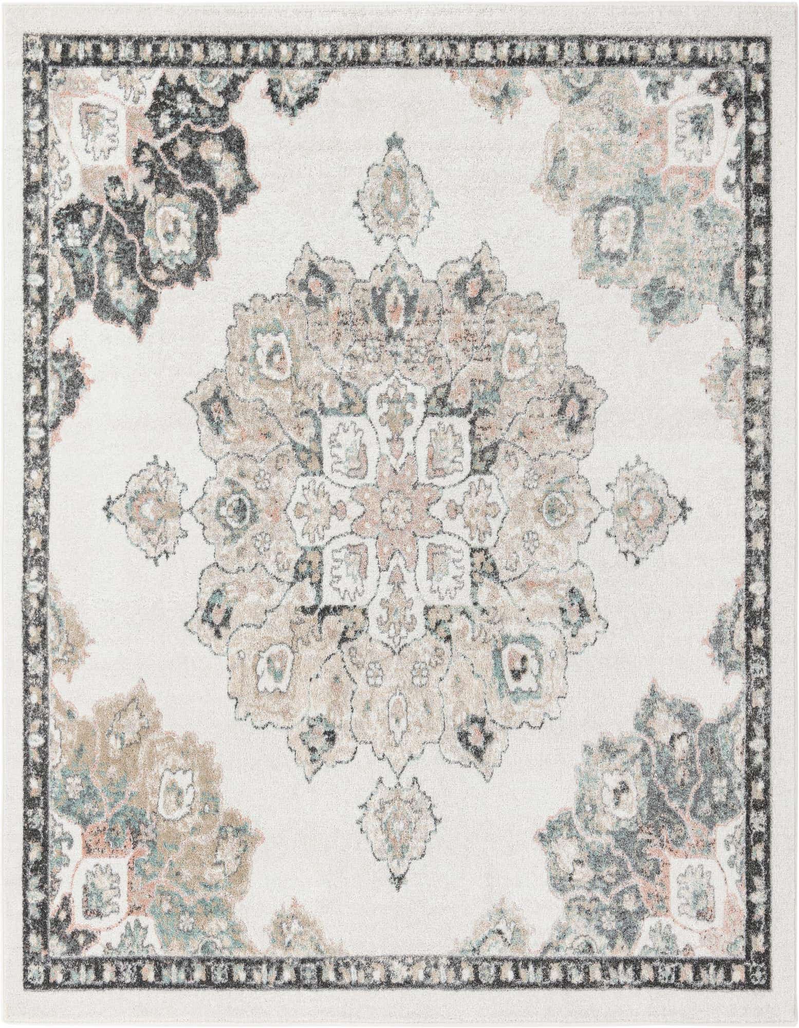 A square ivory area rug with a detailed vintage medallion pattern in muted beige, grey, and light blue tones.