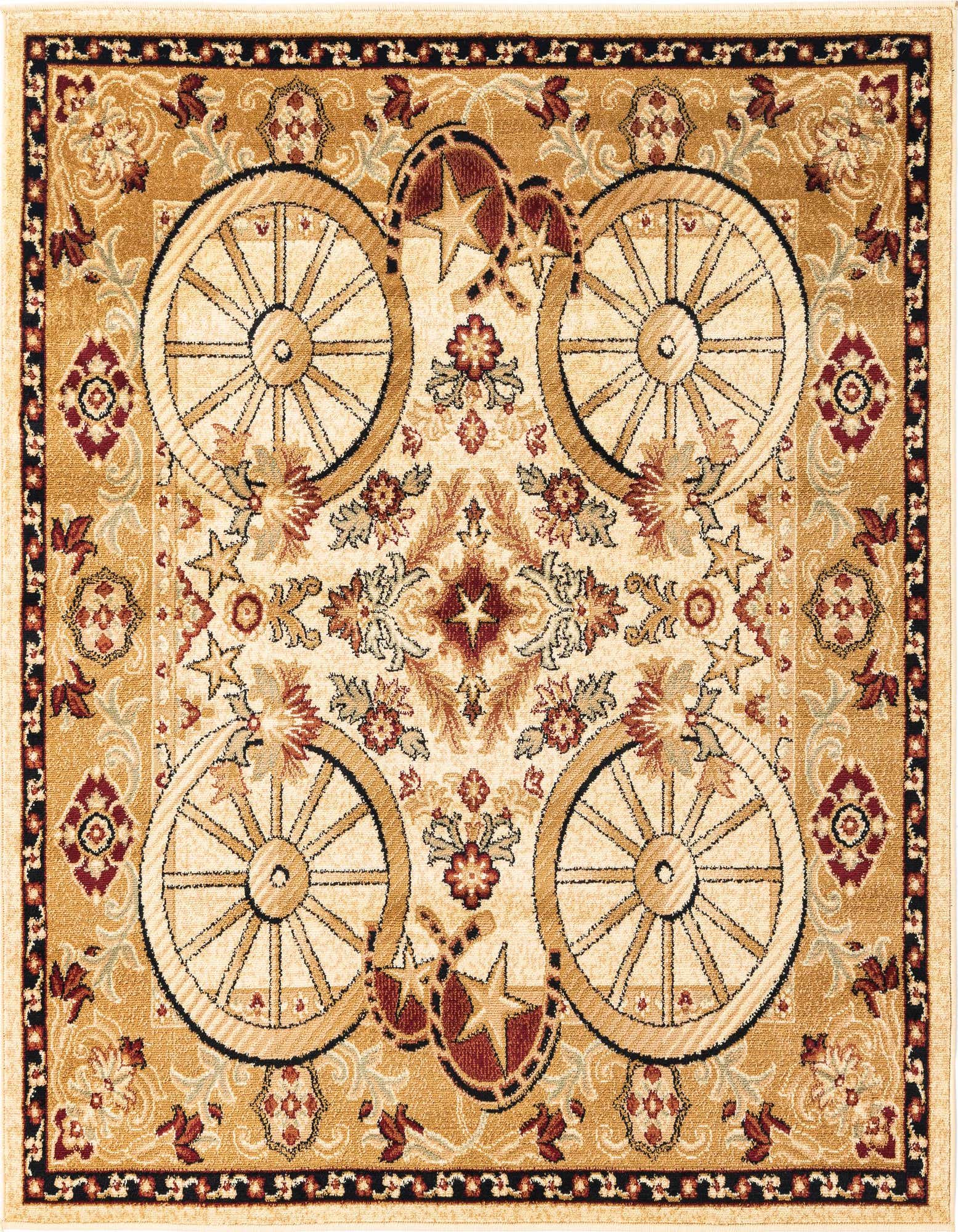 A 5'3" x 5'3" square Pioneer rug featuring a rustic medallion design with wagon wheels, stars, and horseshoes in ivory, cream, and gold tones.