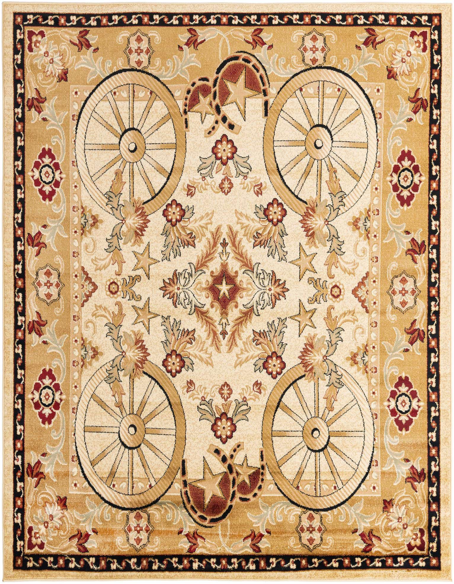 A square ivory and cream rustic rug with a medallion pattern featuring wagon wheels, horseshoes, and stars, ideal for a living room.