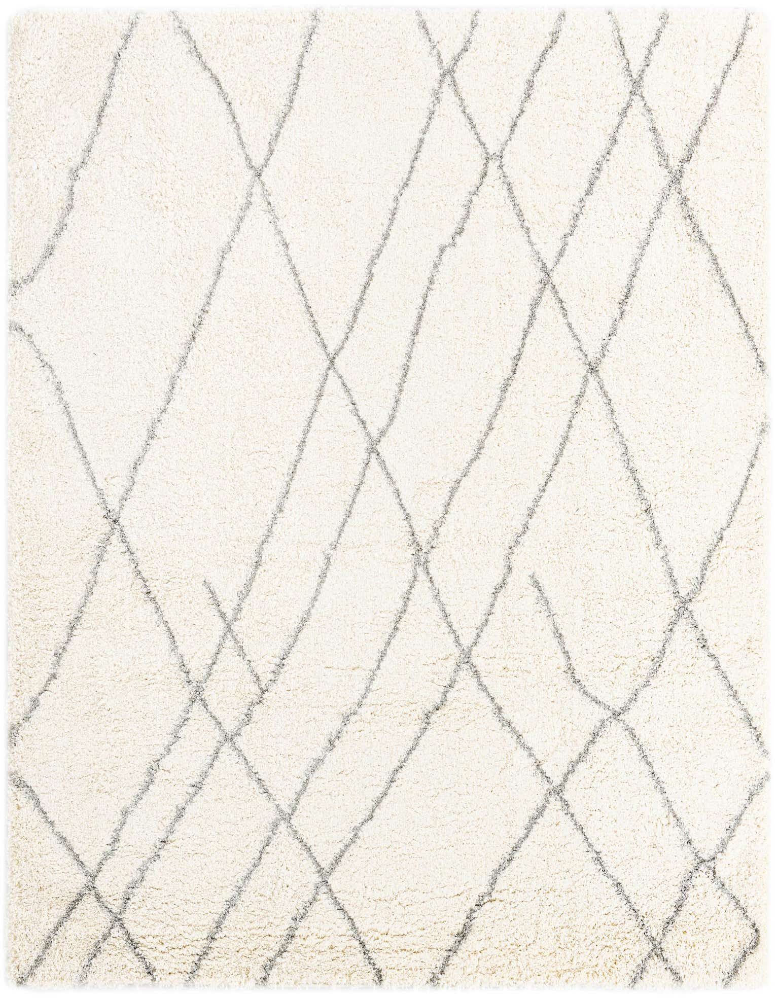 A soft, square ivory shag rug with a subtle gray diamond trellis pattern, ideal for a modern living room.