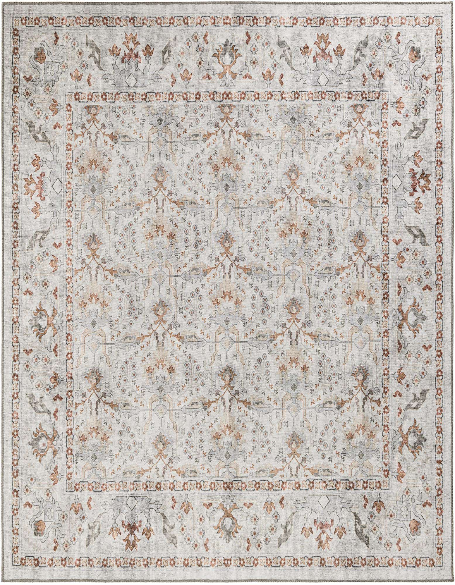 A 7' 10 x 7' 10 square ivory oriental rug with a traditional medallion pattern in subtle creams, grays, and rust tones.