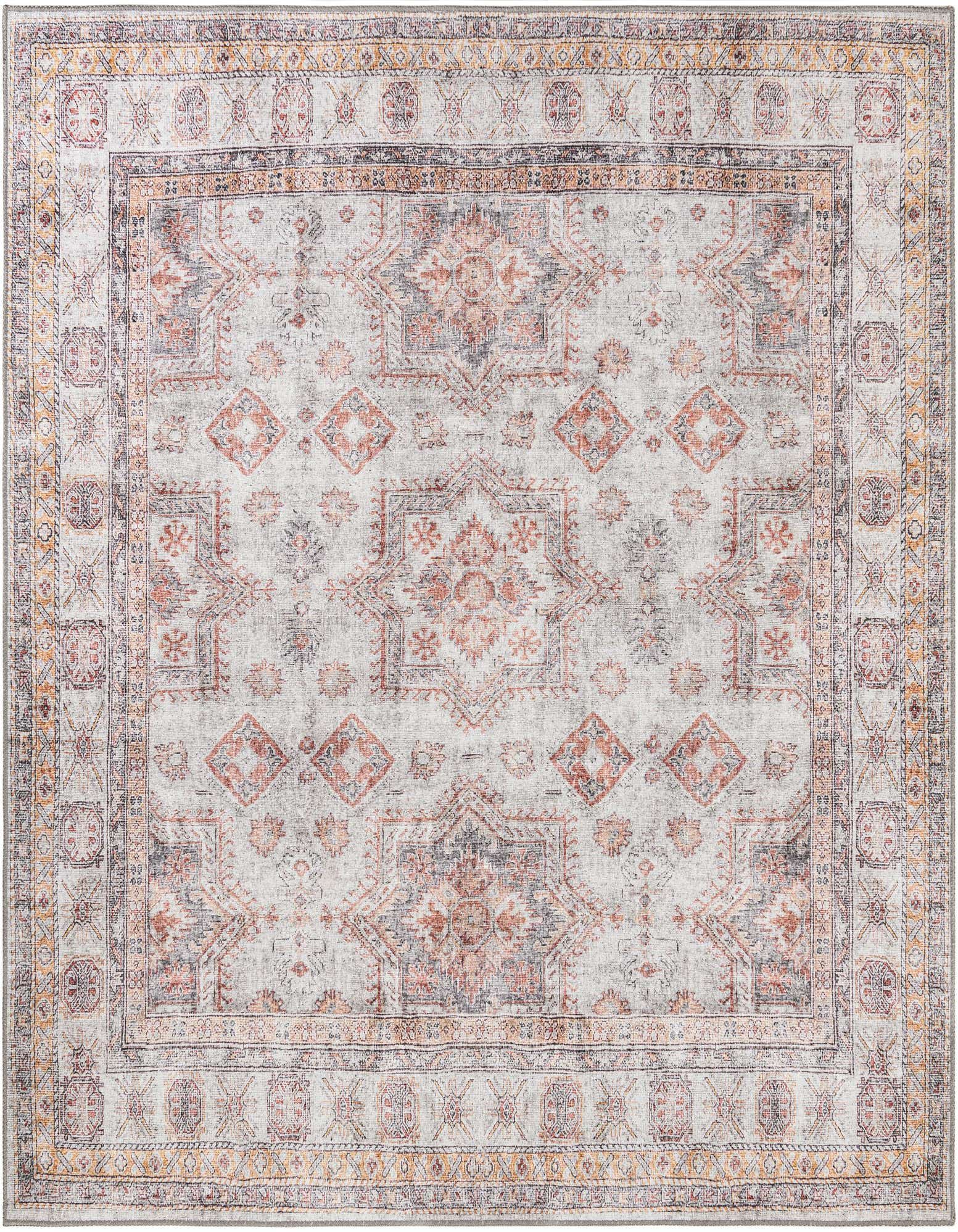 A square 7' 10 x 7' 10 ivory and cream traditional Oriental rug with distressed orange, gray, and brown patterns.