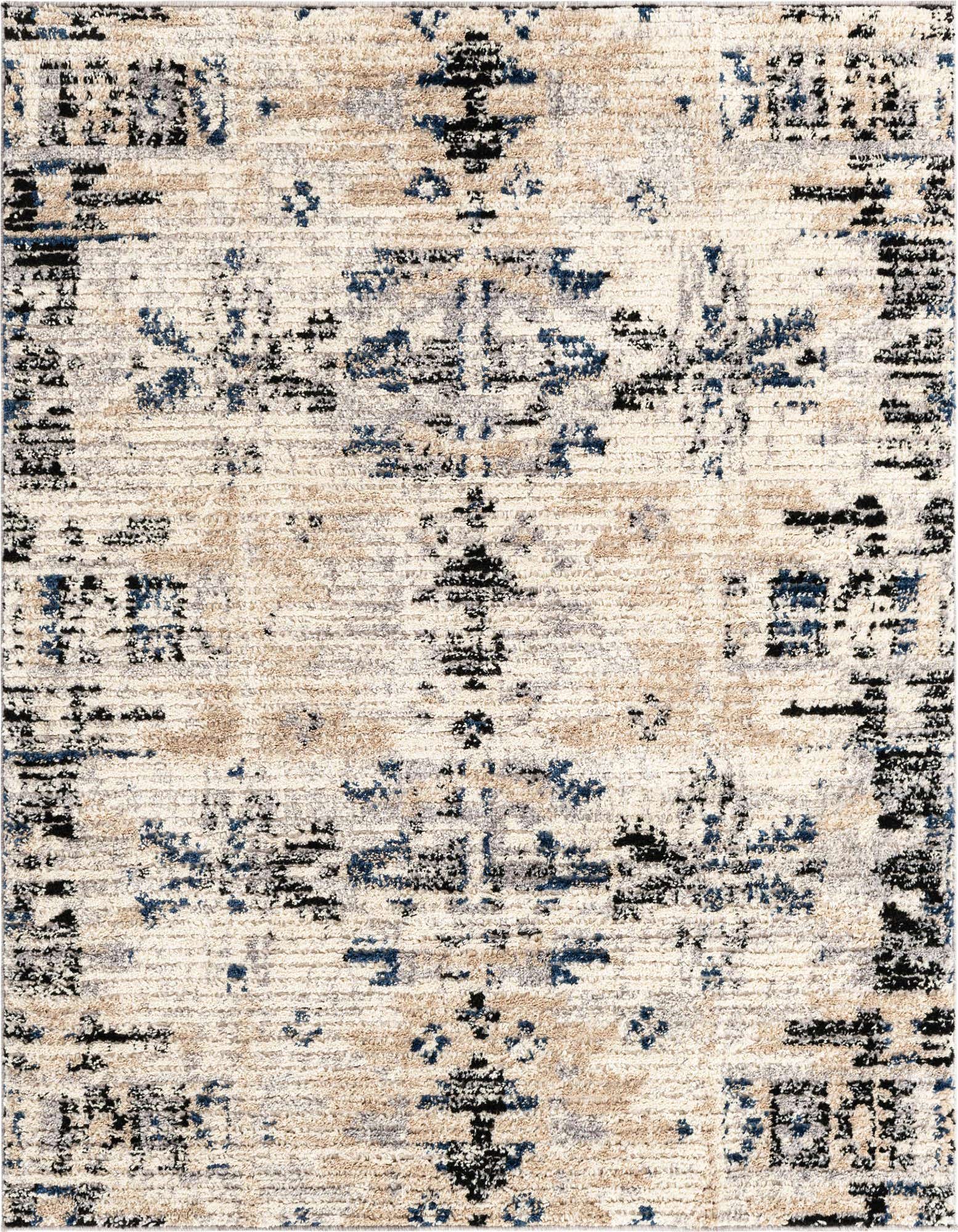 A 6'x6' square ivory shag rug with abstract Southwestern patterns in blue, black, and beige.