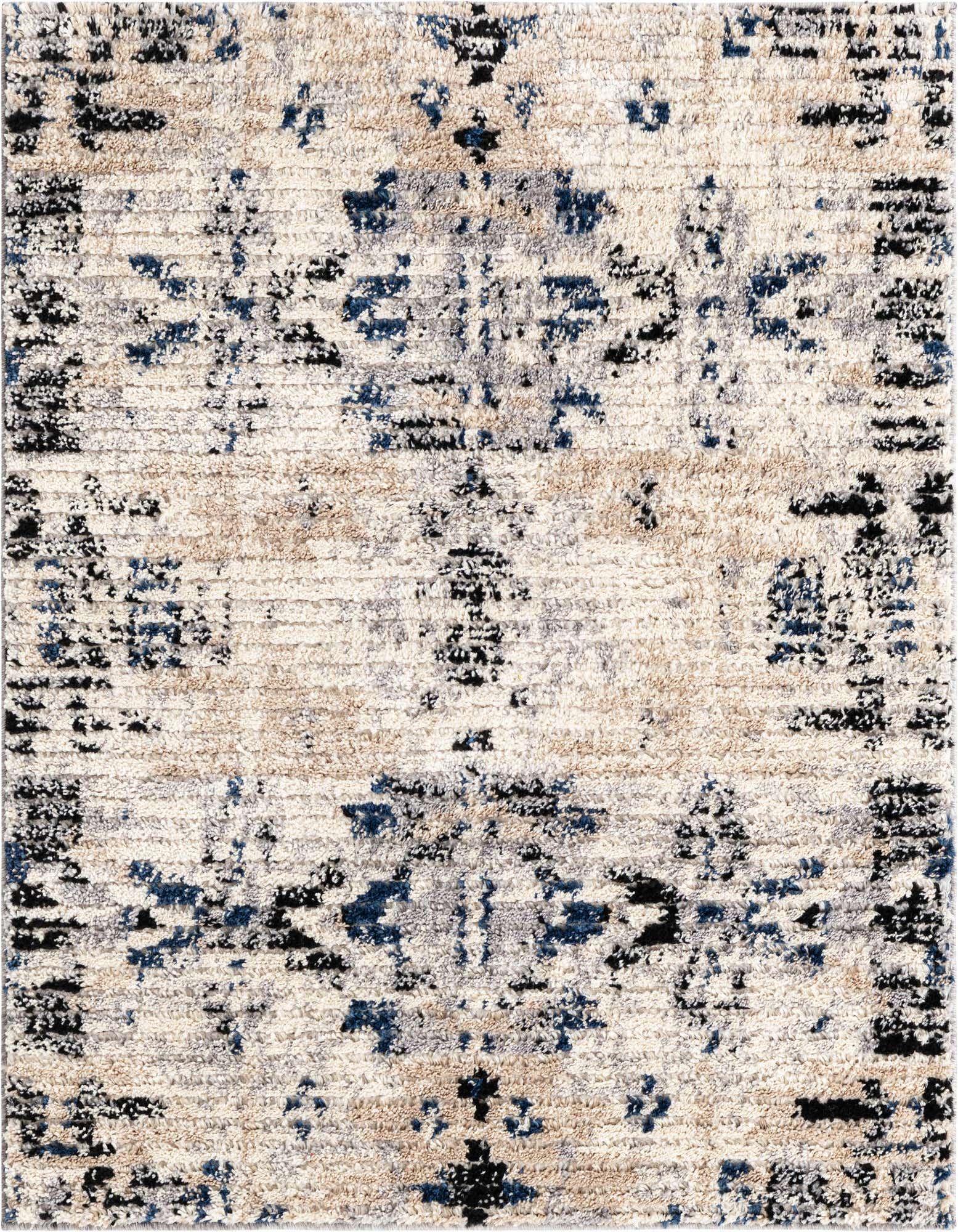A square shag rug with an abstract Southwestern pattern in ivory, cream, black, and blue tones.