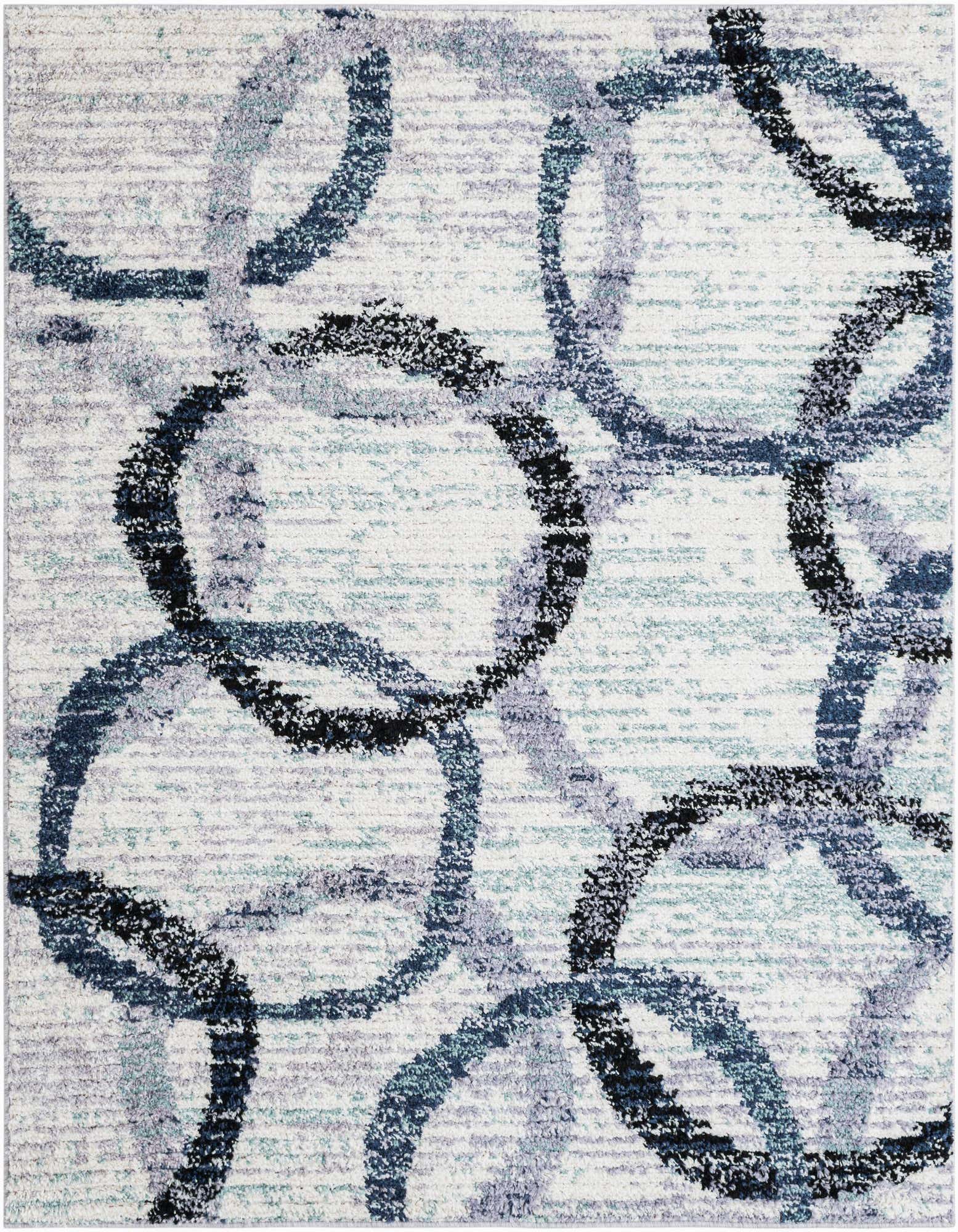 A square ivory shag rug with an abstract pattern of overlapping blue, gray, and black circles.