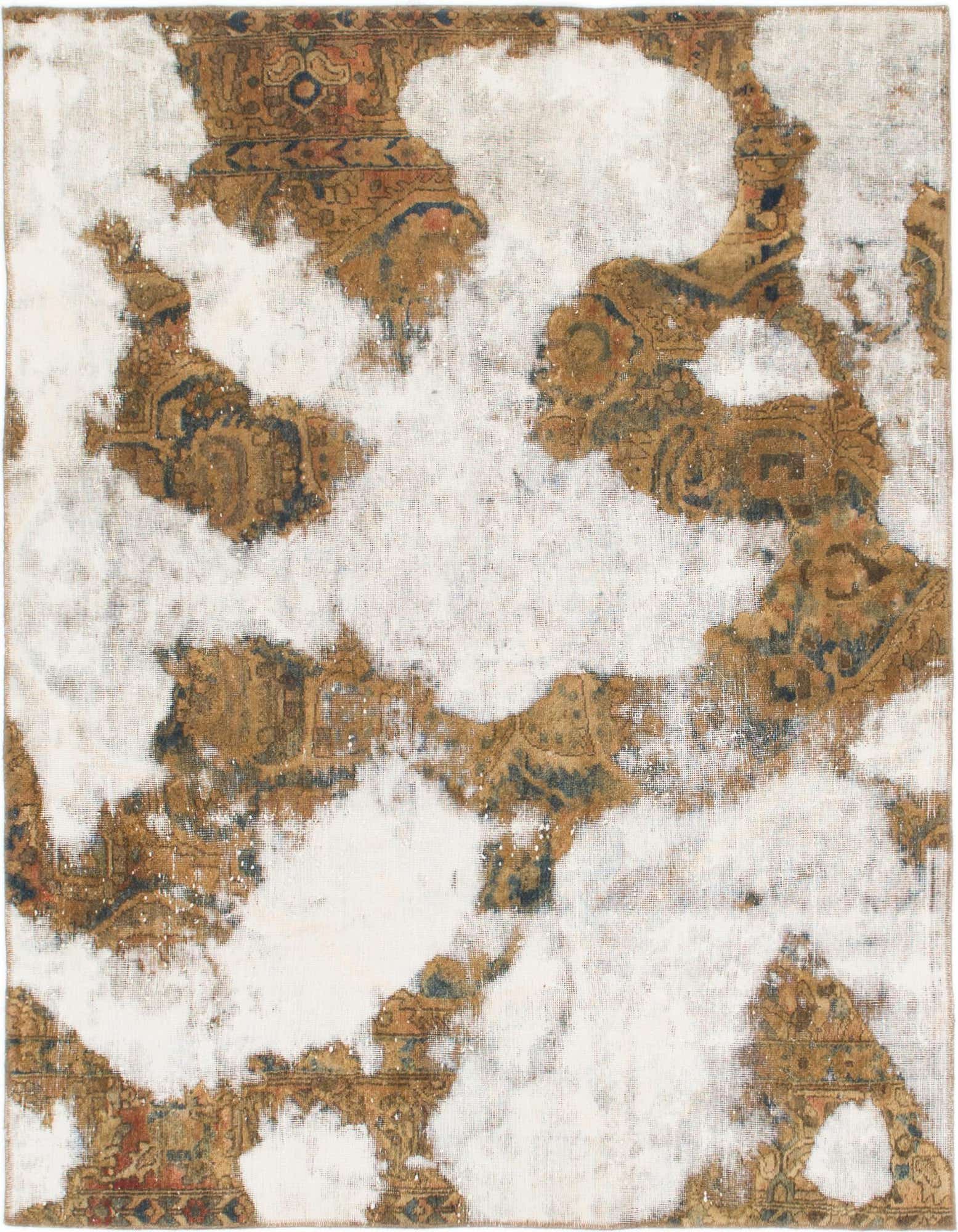 A 5' 5 x 6' 4 square ivory and cream wool rug with a distressed Persian pattern, featuring faded brown and blue motifs.