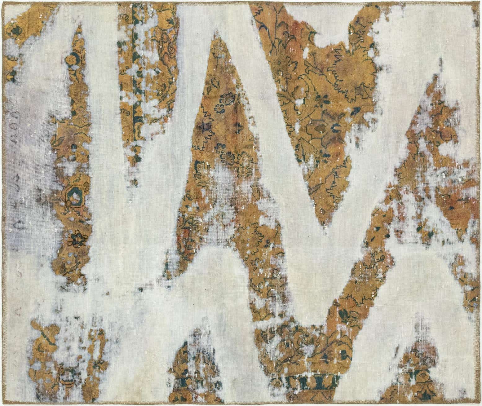 A square 4'6" x 5'5" ivory and gold vintage Persian rug with an abstract, distressed pattern.