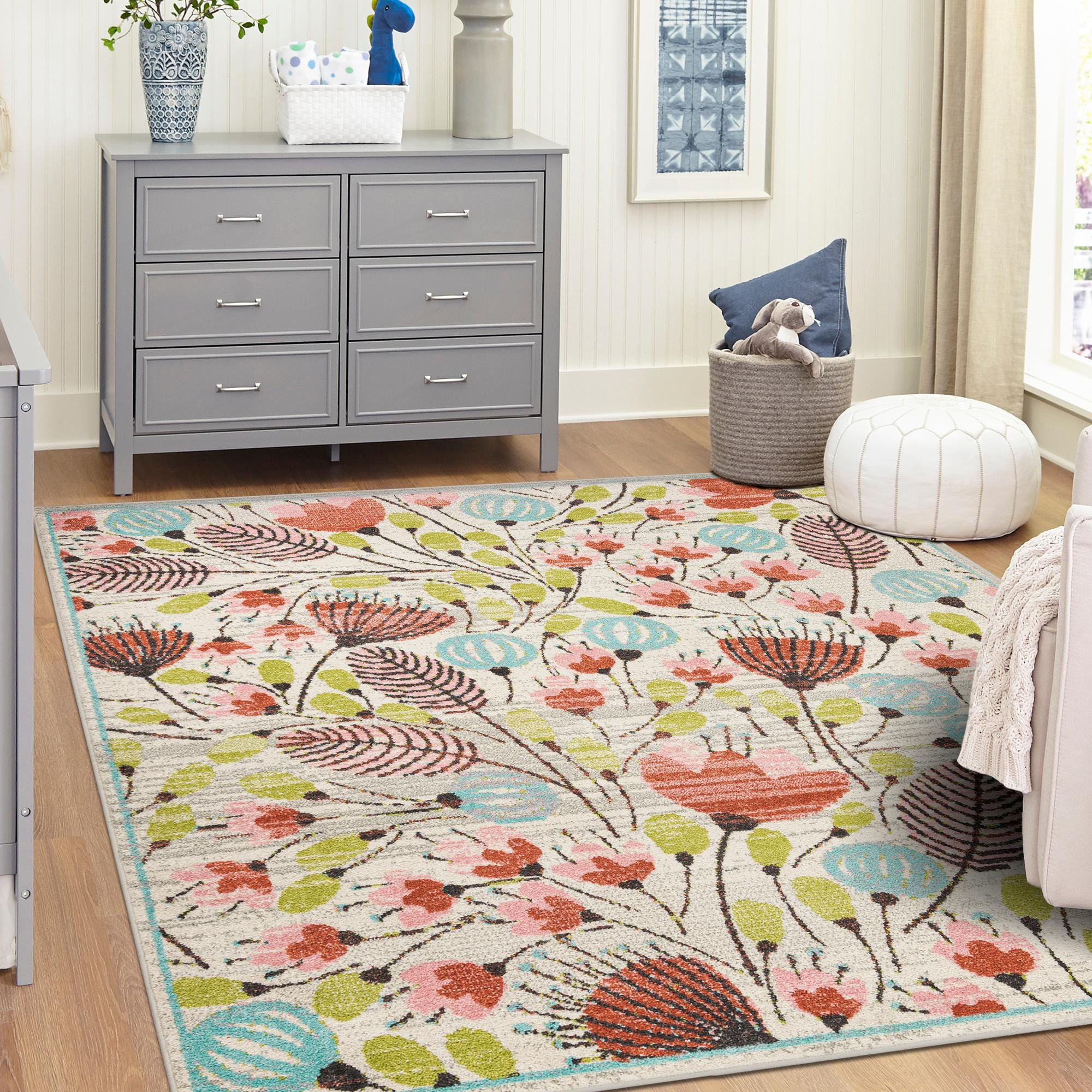Ivory 7' 10 x 7' 10 Flowers Whimsy Kids Square Rug | Rugs.com