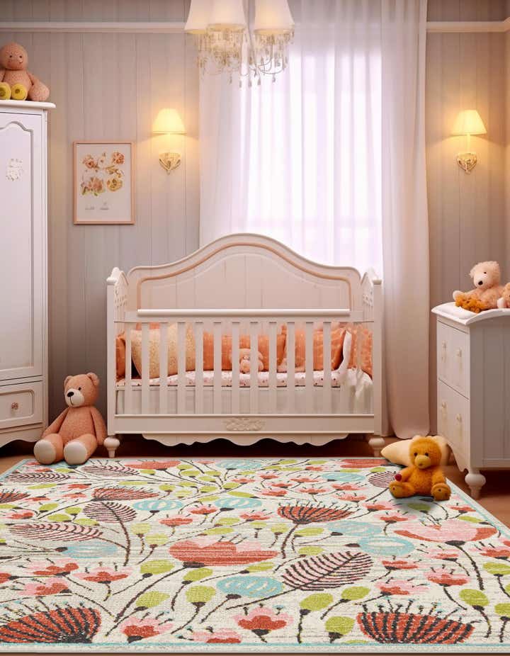 Ivory 7' 10 x 7' 10 Flowers Whimsy Kids Square Rug | Rugs.com