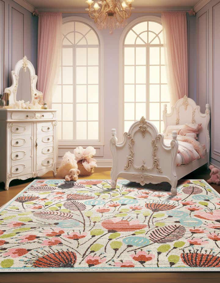 Ivory 7' 10 x 7' 10 Flowers Whimsy Kids Square Rug | Rugs.com