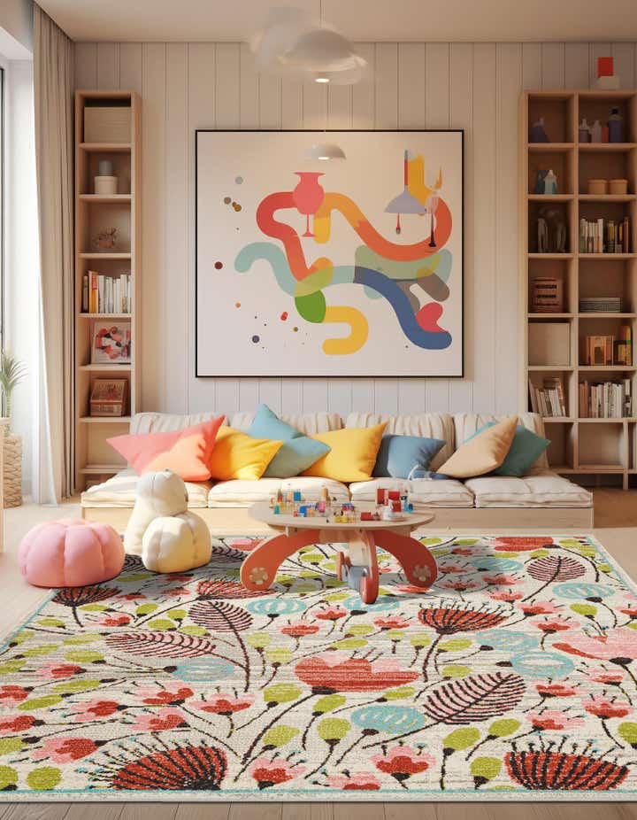 Ivory 7' 10 x 7' 10 Flowers Whimsy Kids Square Rug | Rugs.com