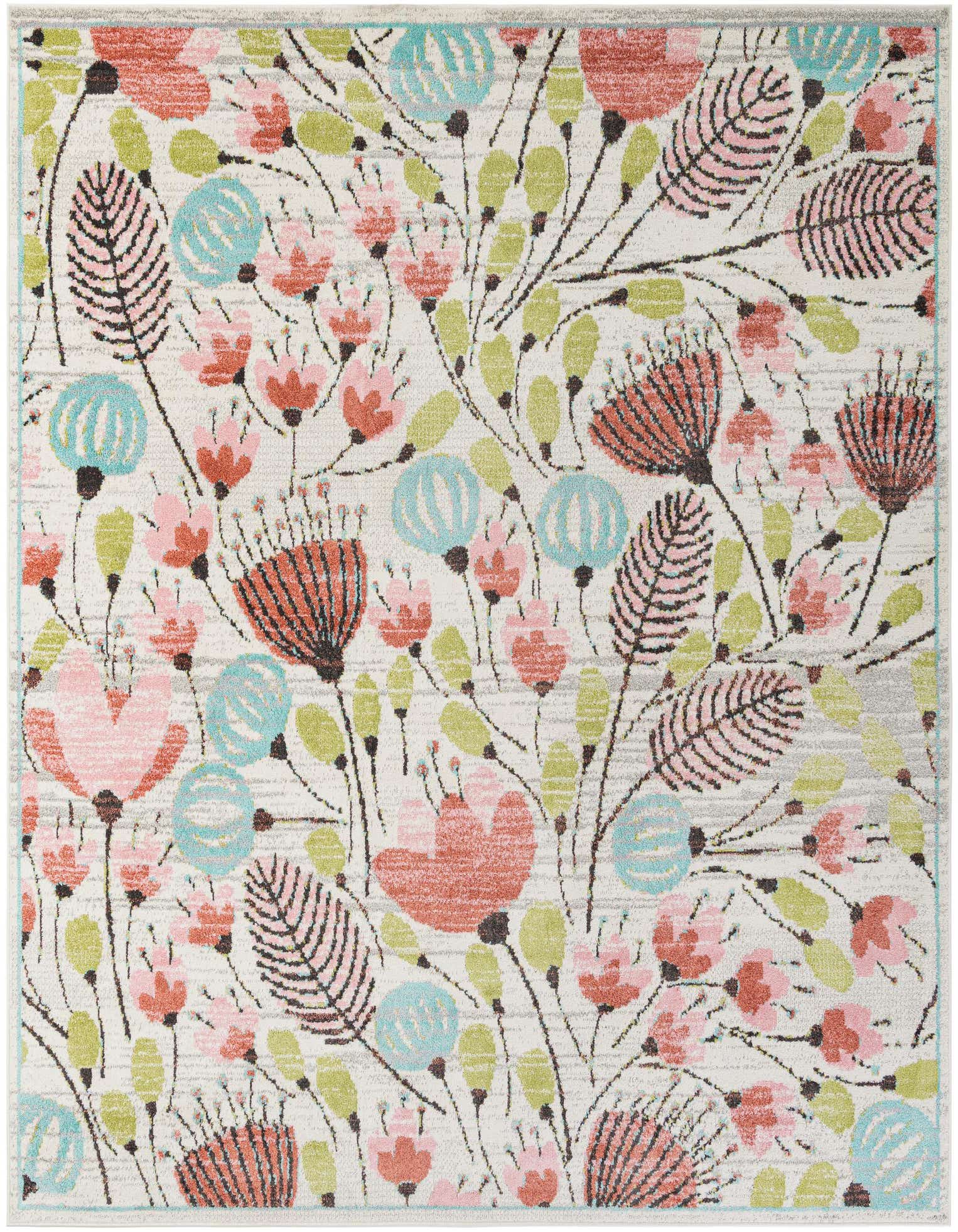 A 10' square ivory rug with a vibrant modern floral pattern in coral, pink, teal, and lime green.