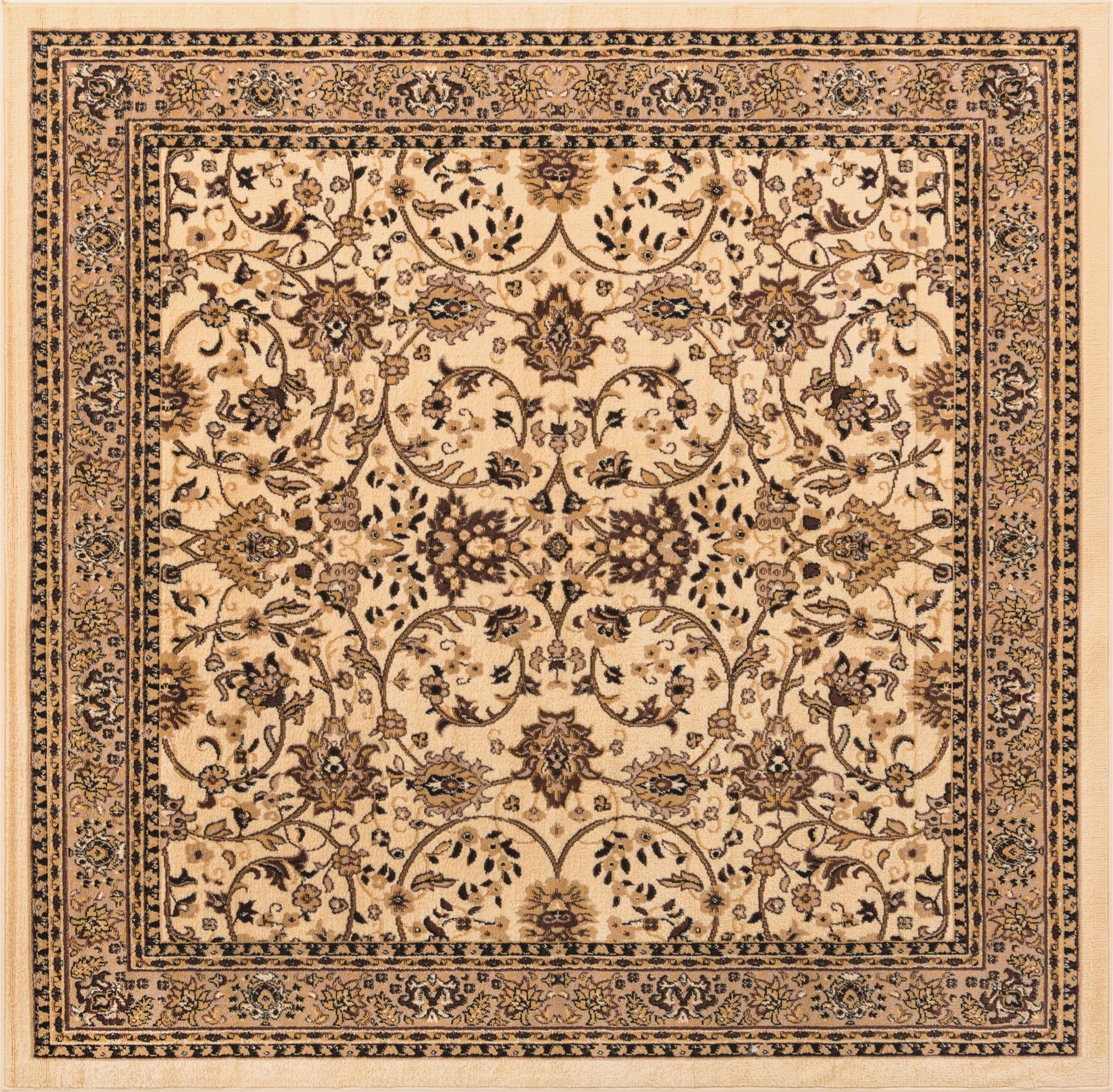 A 7' 10 x 7' 10 square ivory traditional rug with a detailed floral and oriental pattern in shades of cream, beige, and brown.