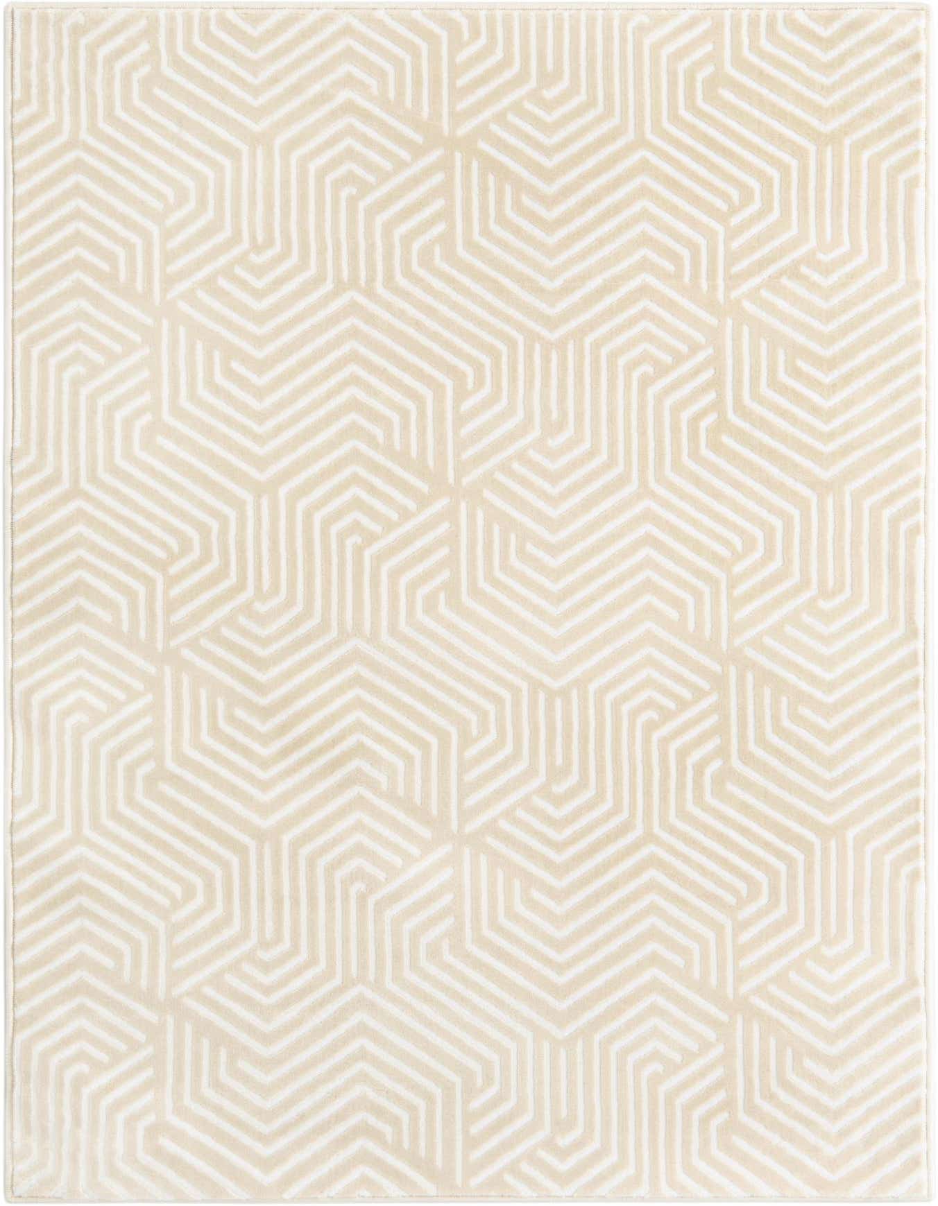 A 4x6 rectangular ivory and white area rug with a modern geometric pattern of interlocking lines.