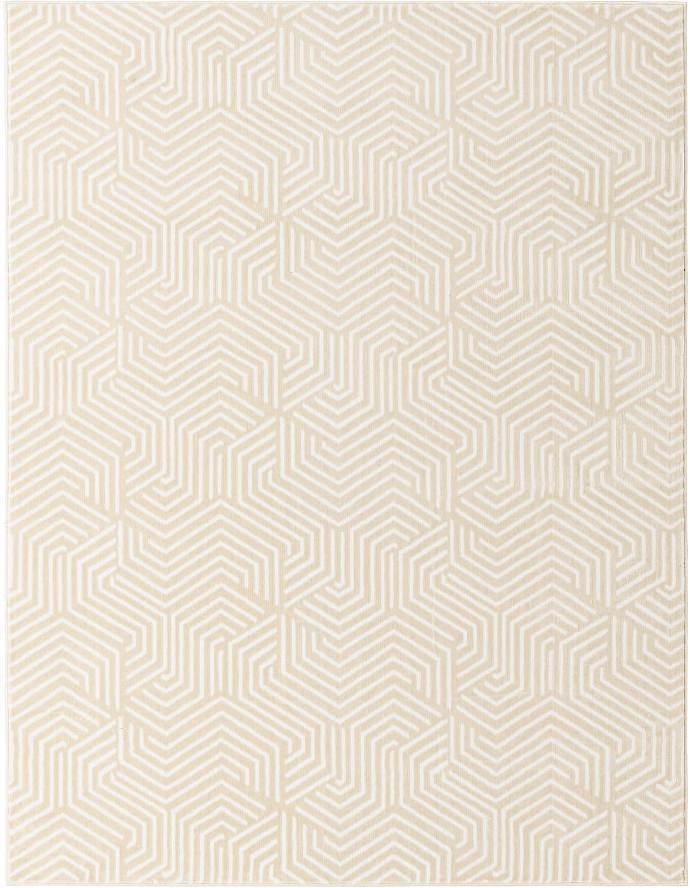 A 5x8 rectangular ivory and white area rug with a repeating geometric pattern of interlocking hexagons.