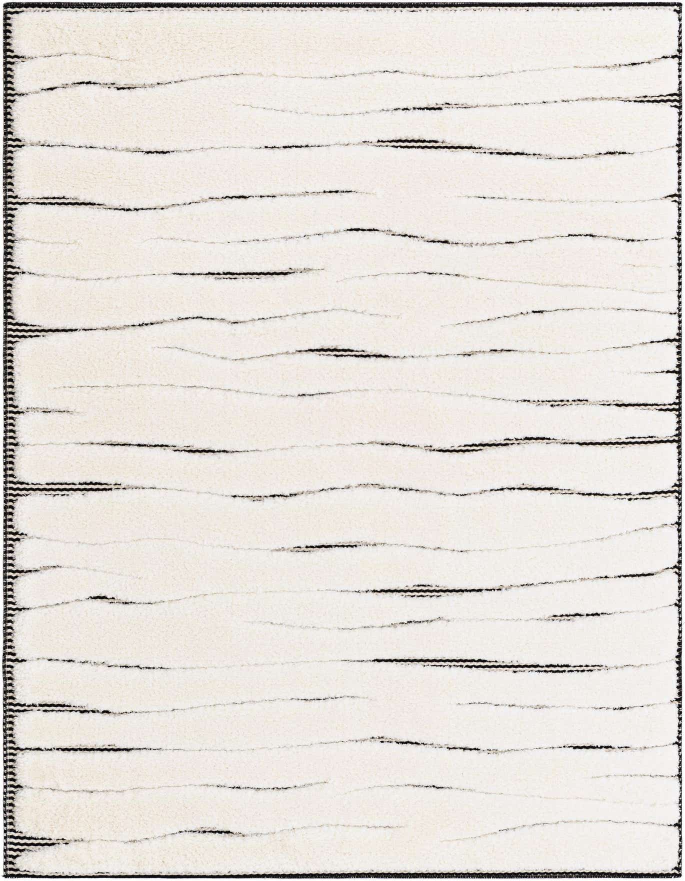 A 4x6 rectangular ivory area rug with a textured pile and subtle horizontal black wavy lines, suitable for a living room.