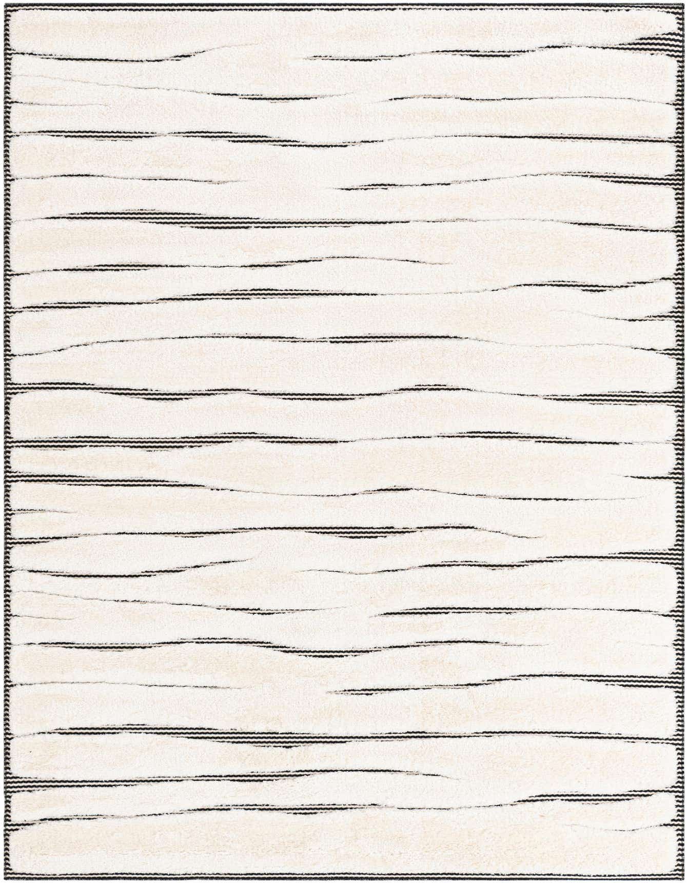 A 5x8 rectangular ivory area rug with a textured pile, featuring horizontal wavy black stripes and a black border.