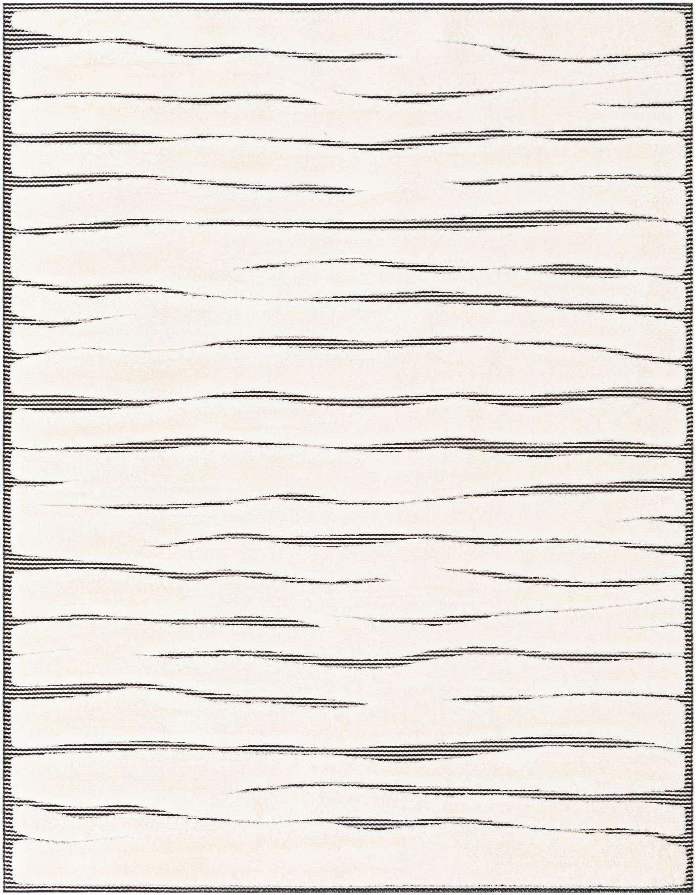 A 6x9 rectangular ivory and black rug with horizontal wavy stripes and a textured pile, suitable for a modern living room.