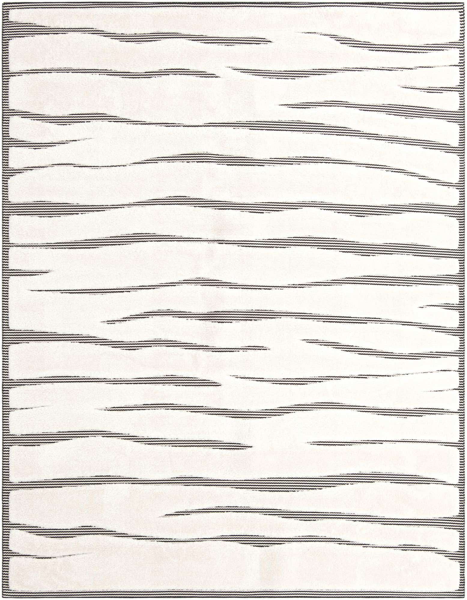 An 8x10 rectangular ivory and black rug with horizontal, textured stripes and a subtle border, ideal for a modern living room.