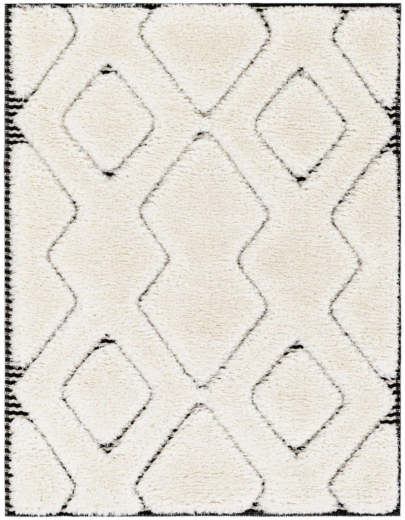A rectangular 2x3 ivory modern rug with a textured, high pile and a black diamond pattern.